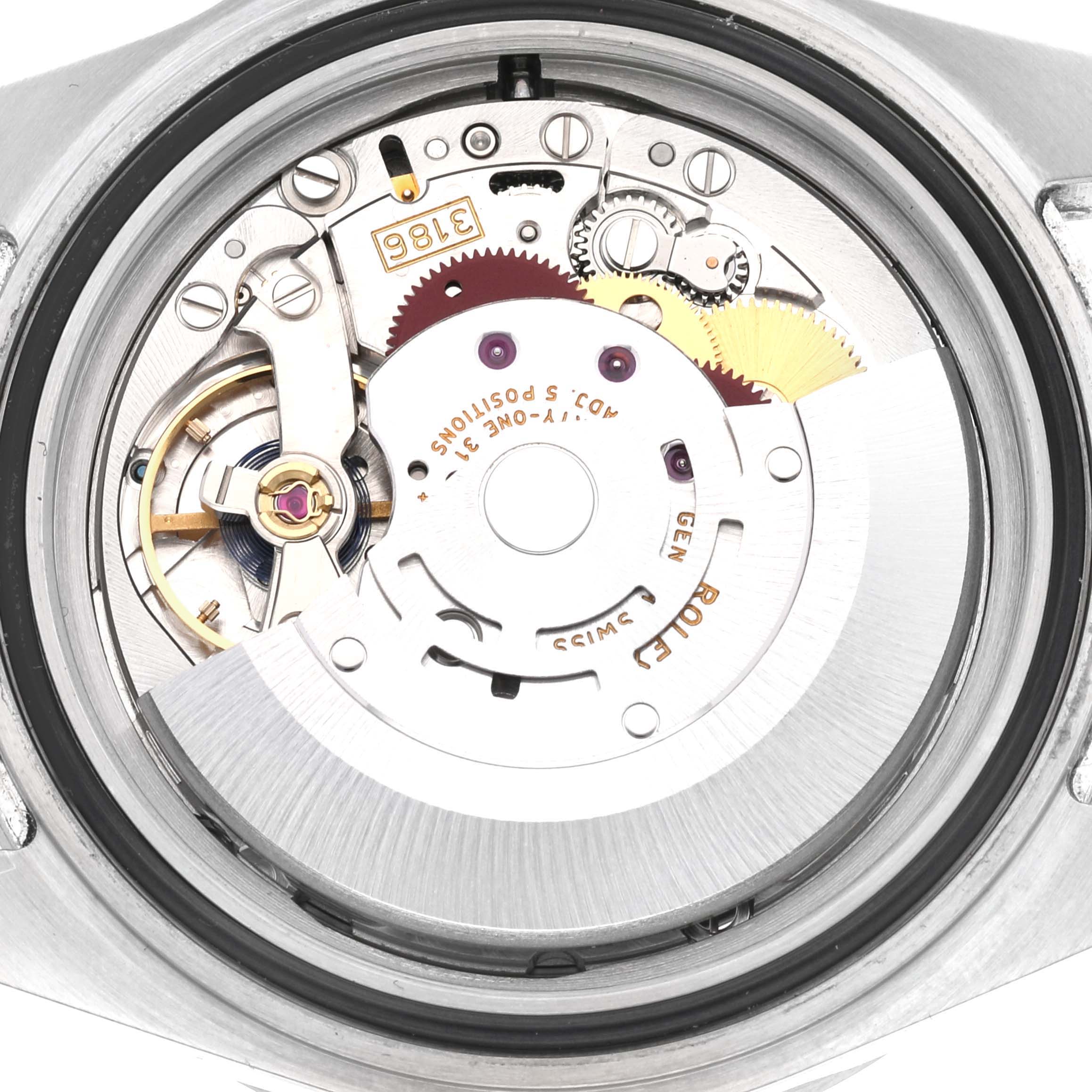 This close-up image shows the internal movement mechanism of the Rolex Explorer 16570T Men's Stainless Steel Black Dial 16570T Men's Stainless Steel Black Dial watch from a back view.