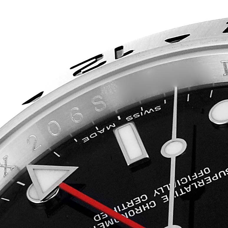 This image shows a close-up of the Rolex Explorer 16570T Men's Stainless Steel Black Dial 16570T Men's Stainless Steel Black Dial watch face, focusing on the hands, indices, and part of the bezel.