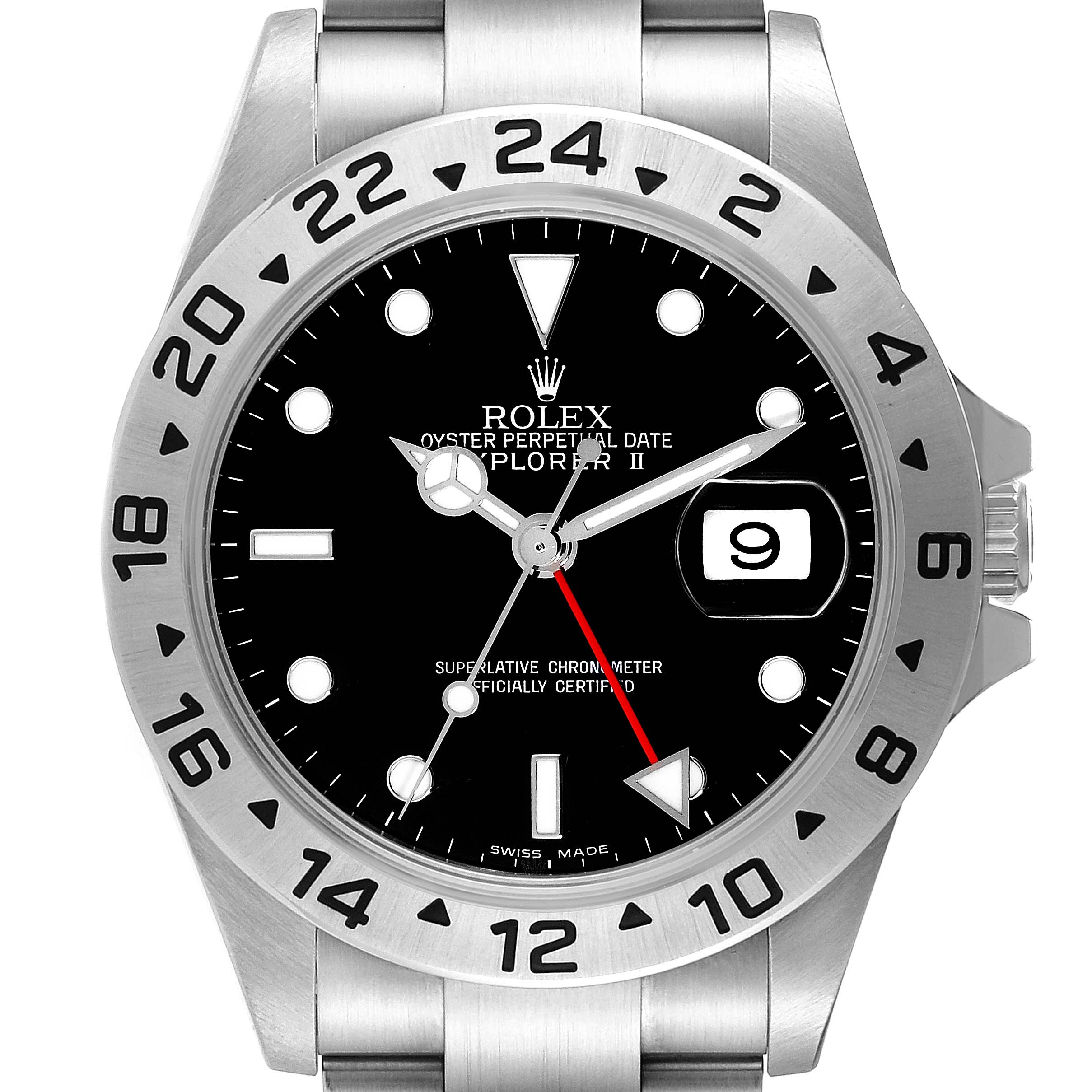The image shows a front view of a Rolex Explorer 16570T Men's Stainless Steel Black Dial 16570T Men's Stainless Steel Black Dial watch, highlighting the dial, bezel, and bracelet.