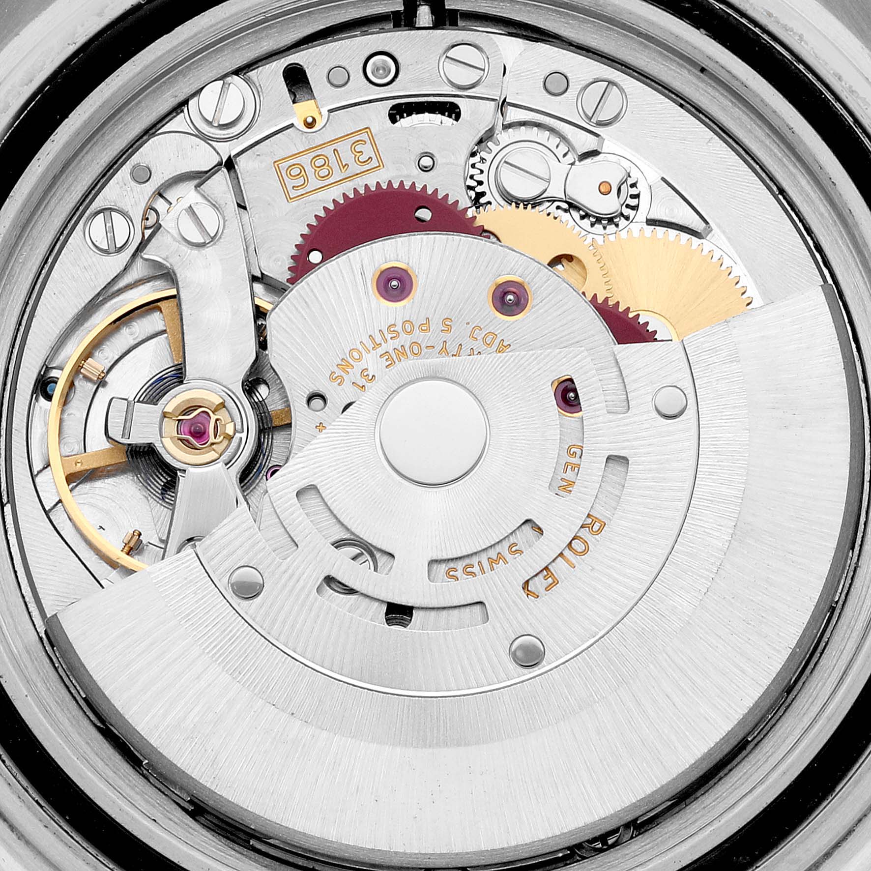 Close-up view of the movement mechanism in a Rolex Explorer 16570T Men's Stainless Steel Black Dial 16570T Men's Stainless Steel Black Dial watch, featuring gears and intricate components.