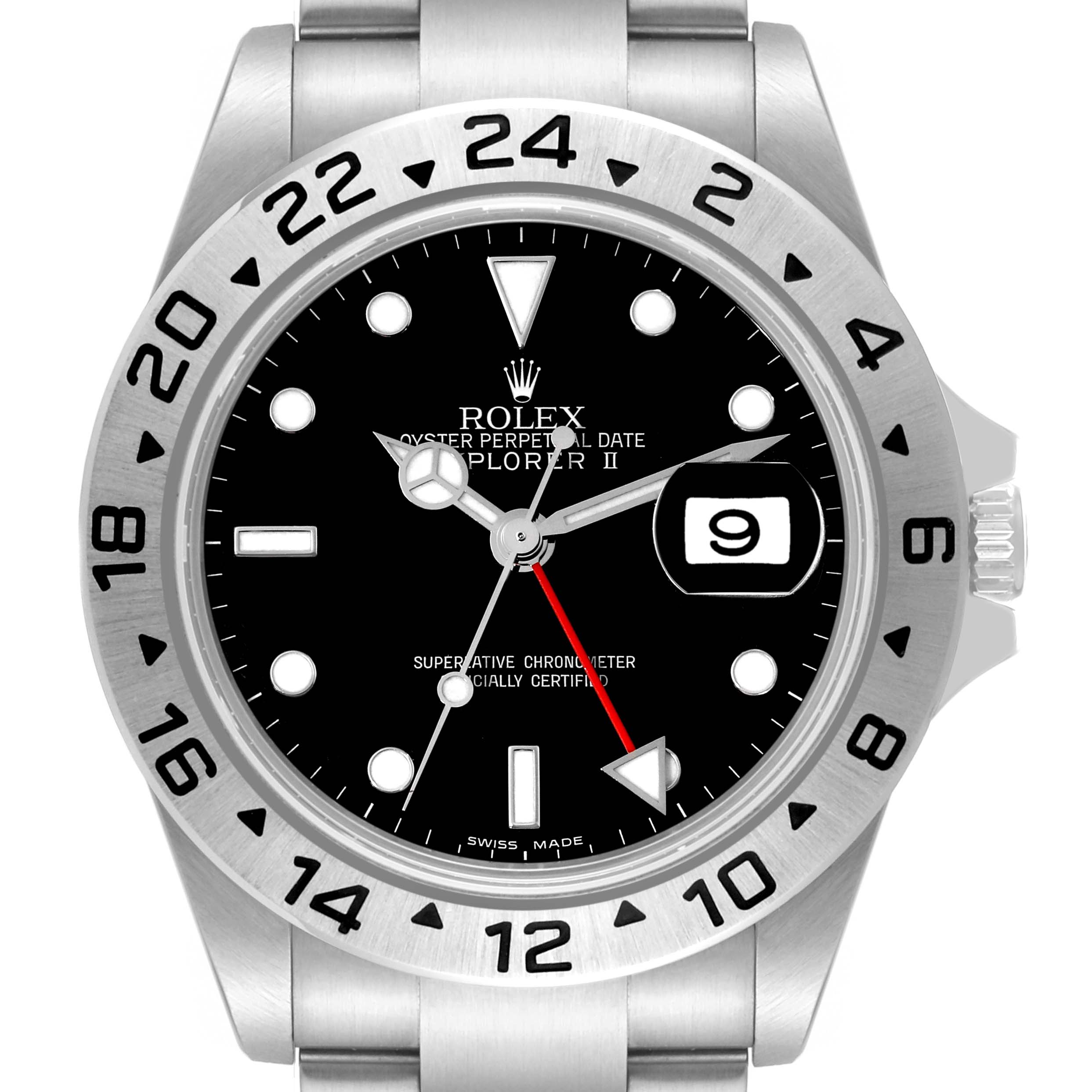 A Rolex Explorer 16570T Men's Stainless Steel Black Dial 16570T Men's Stainless Steel Black Dial watch, front view showing the face, bezel, and part of the bracelet.