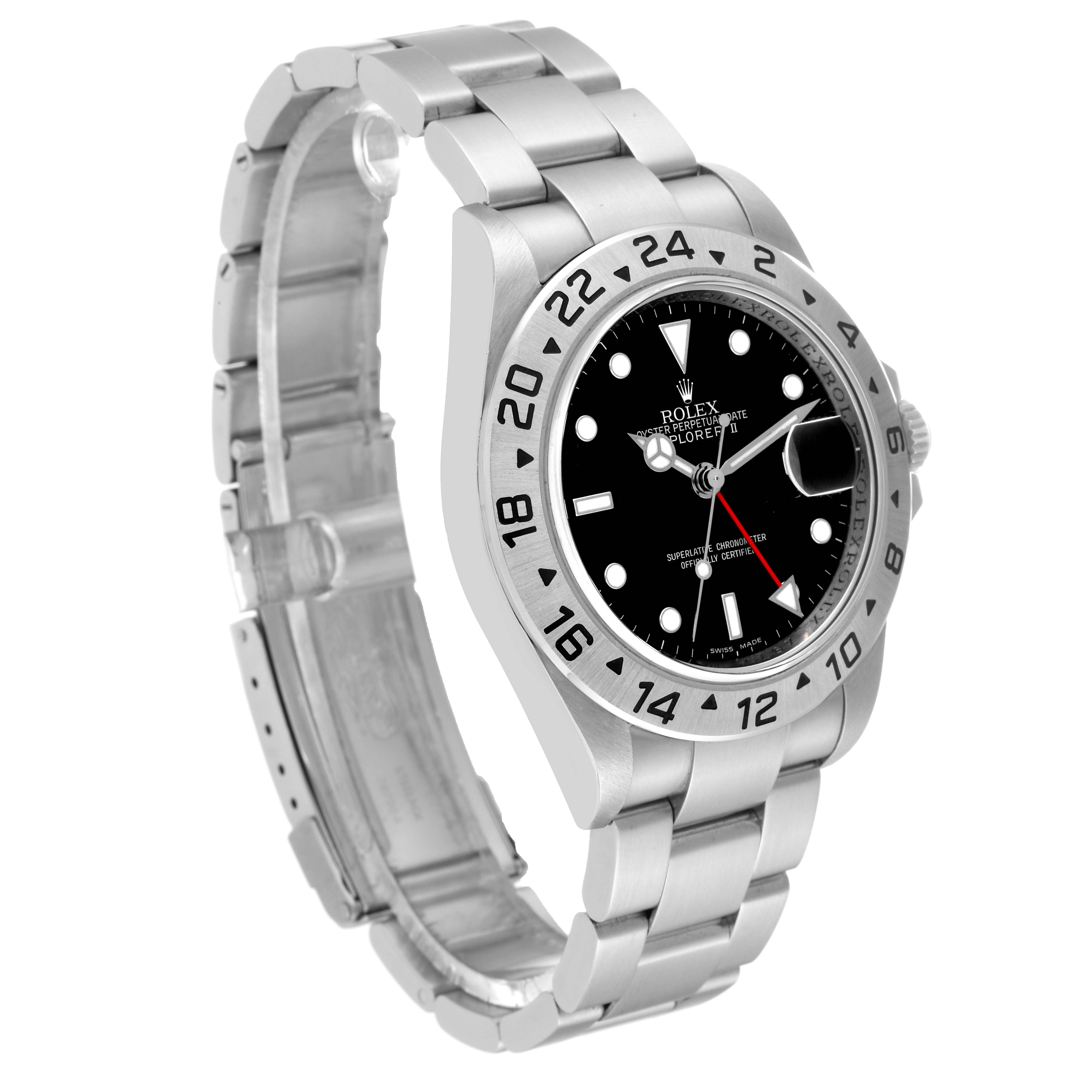 This image shows a side angle view of a Rolex Explorer 16570T Men's Stainless Steel Black Dial 16570T Men's Stainless Steel Black Dial model watch, displaying its bezel, dial, and bracelet.