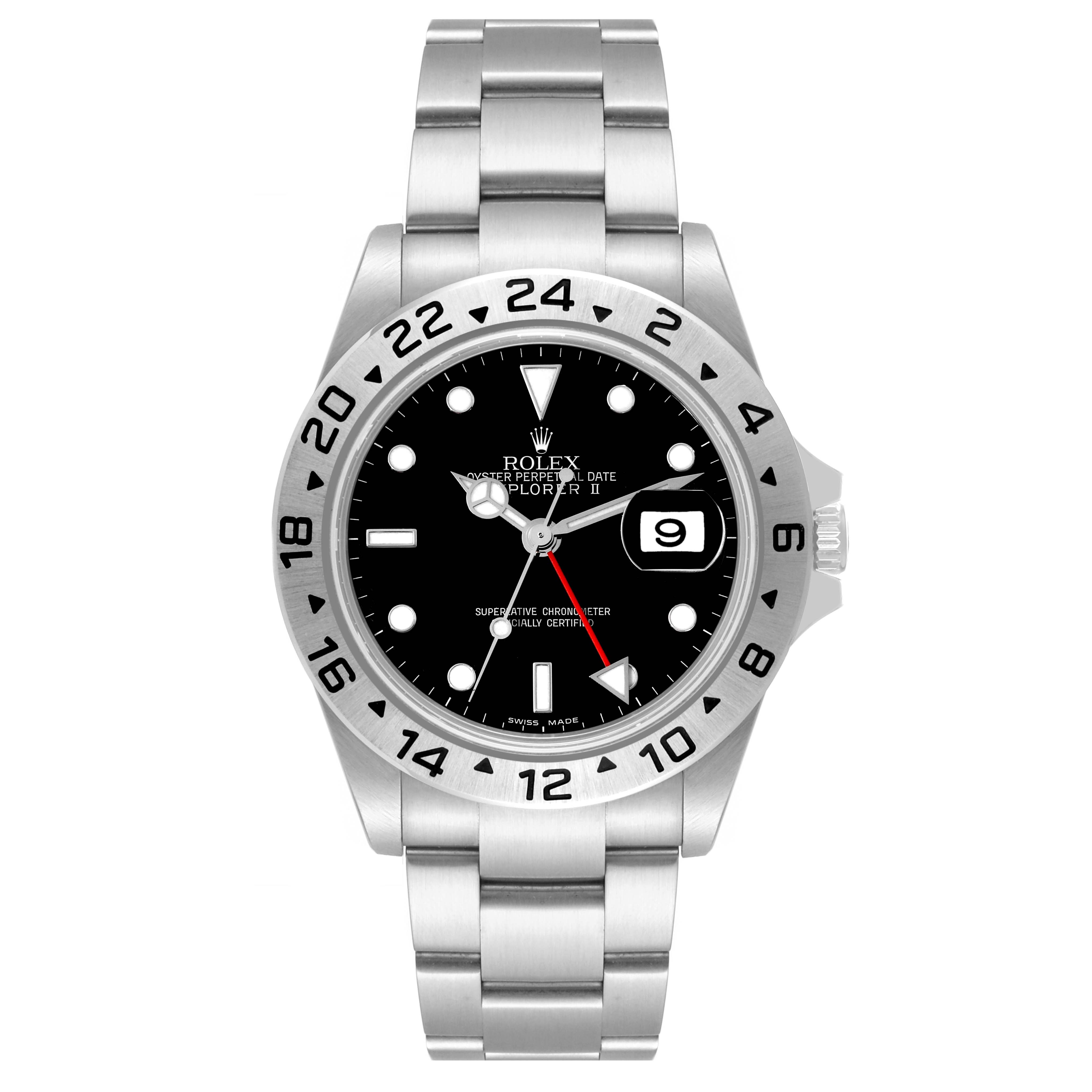 The image shows a front view of the Rolex Explorer 16570T Men's Stainless Steel Black Dial 16570T Men's Stainless Steel Black Dial watch, highlighting its stainless steel bracelet and black dial with a date feature.