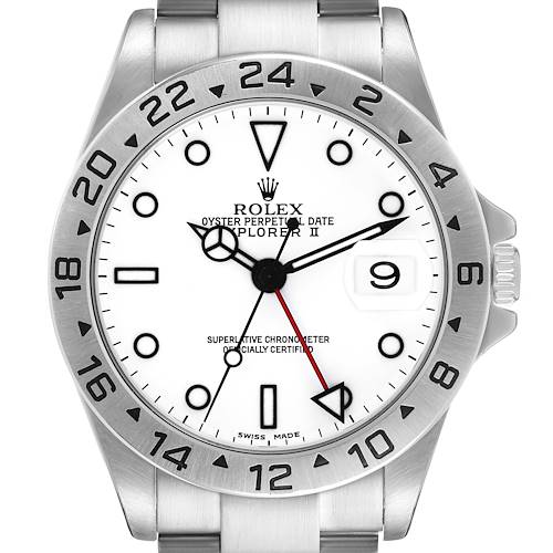 The Rolex Explorer 16570 Men's Stainless Steel White Dial II watch is shown from a front angle, displaying its dial, bezel, hands, and part of the bracelet.