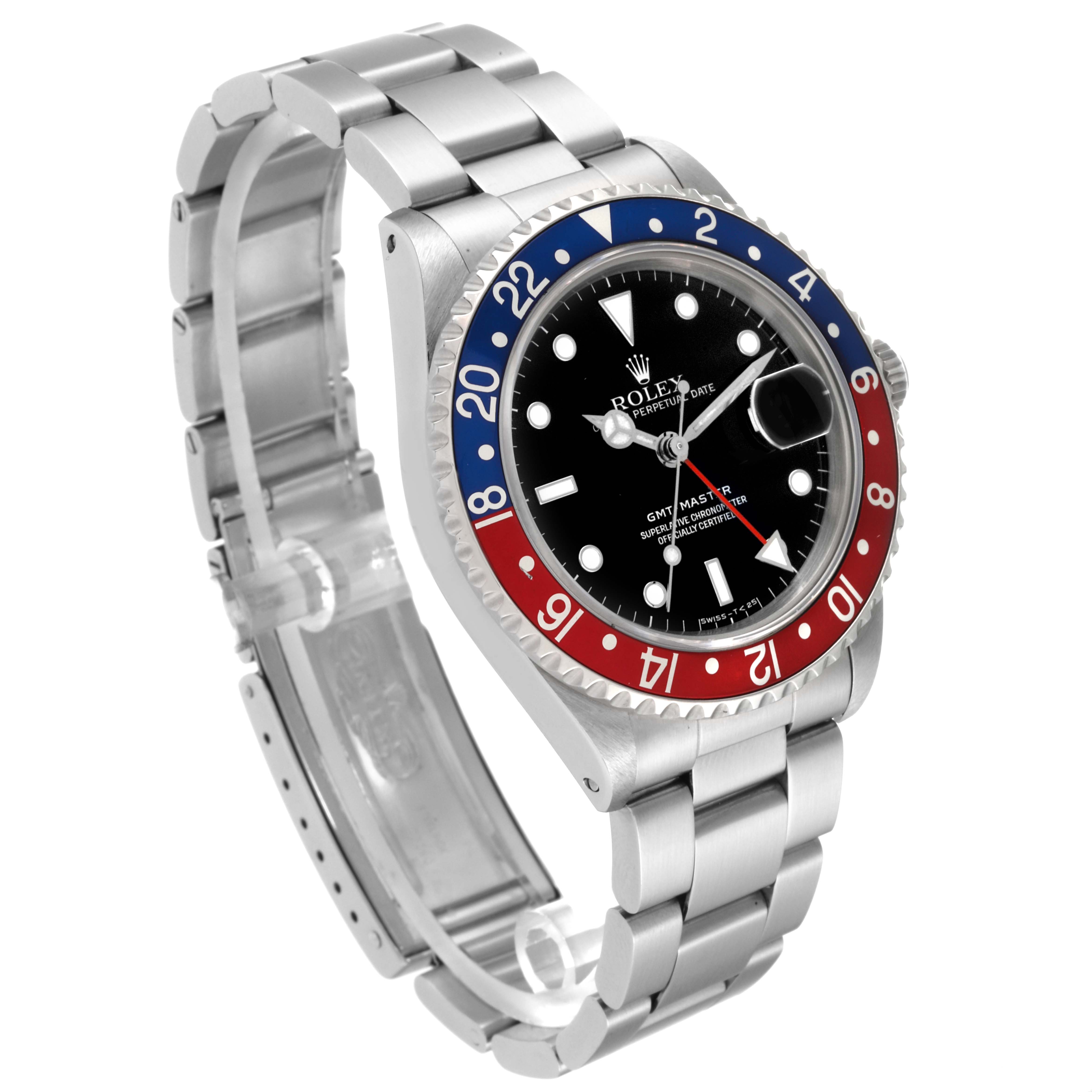 The Rolex GMT-Master 16700 Men
s Stainless Steel Black Dial 16700 Men
s Stainless Steel Black Dial watch is shown from a three-quarter angle, highlighting its bezel, dial, bracelet, and clasp.