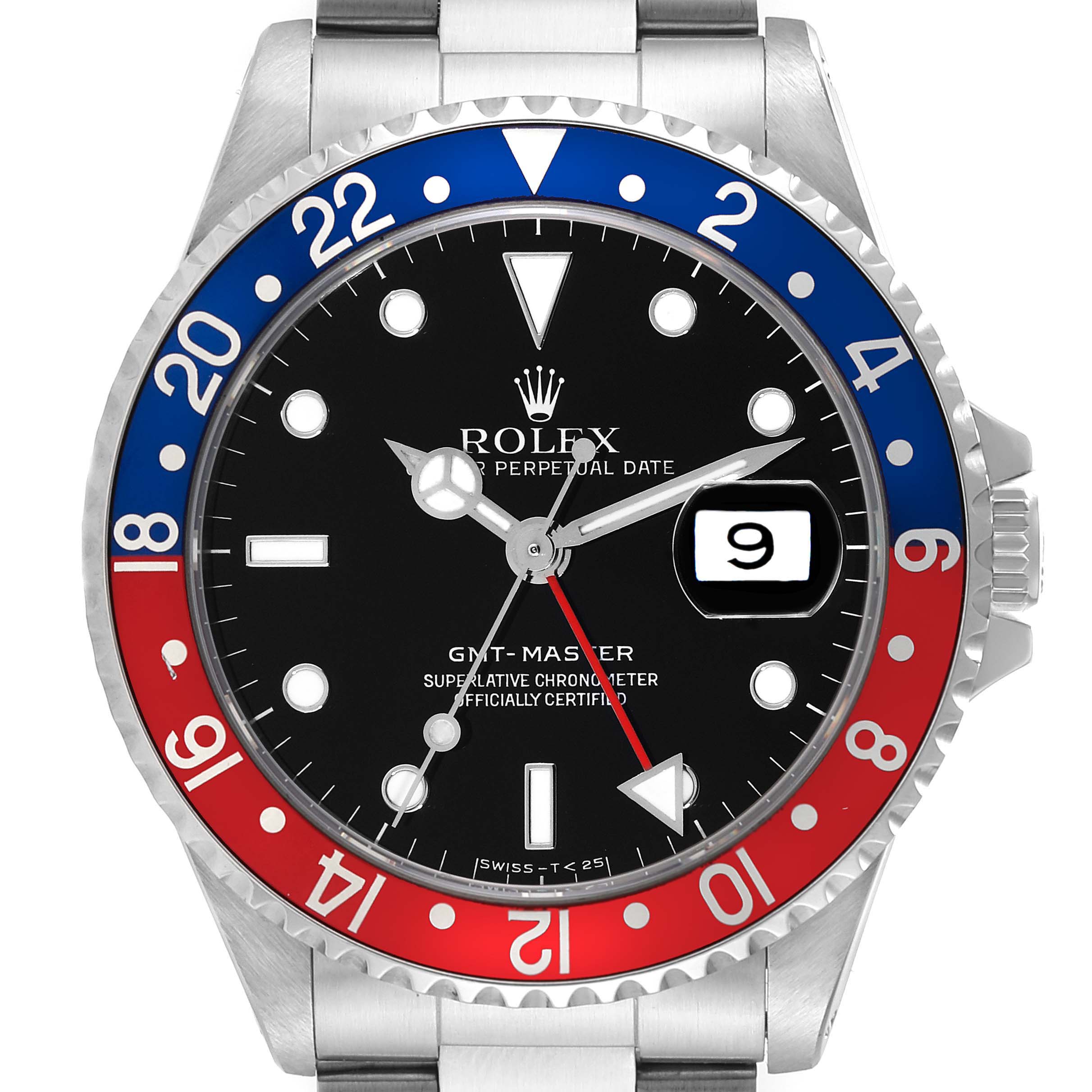 The image shows a front view of the Rolex GMT-Master 16700 Men
s Stainless Steel Black Dial 16700 Men
s Stainless Steel Black Dial watch, displaying its dial, hands, bezel, and date window.