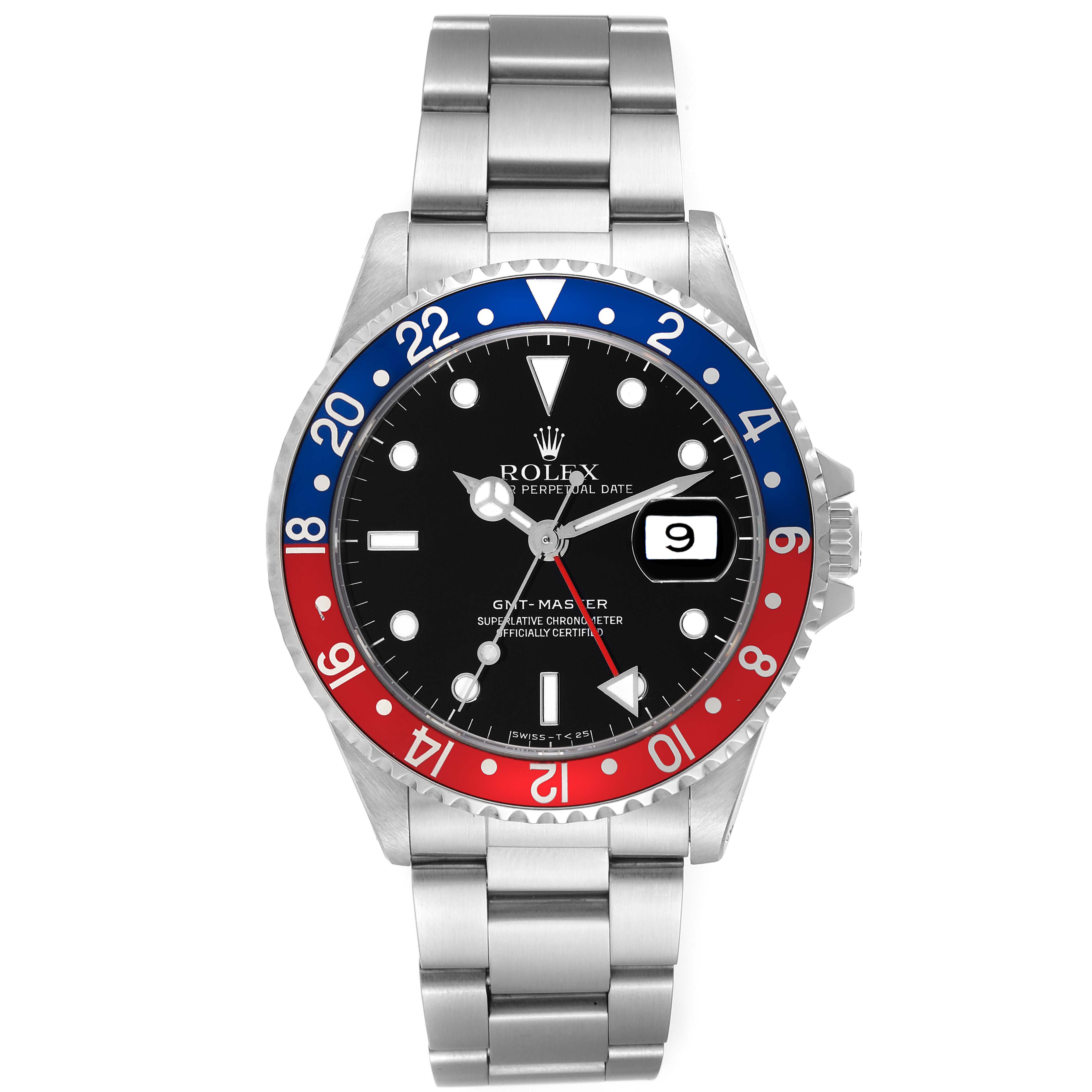 The image shows a front view of the Rolex GMT-Master 16700 Men
s Stainless Steel Black Dial 16700 Men
s Stainless Steel Black Dial watch, showcasing its dial, bezel, and bracelet.
