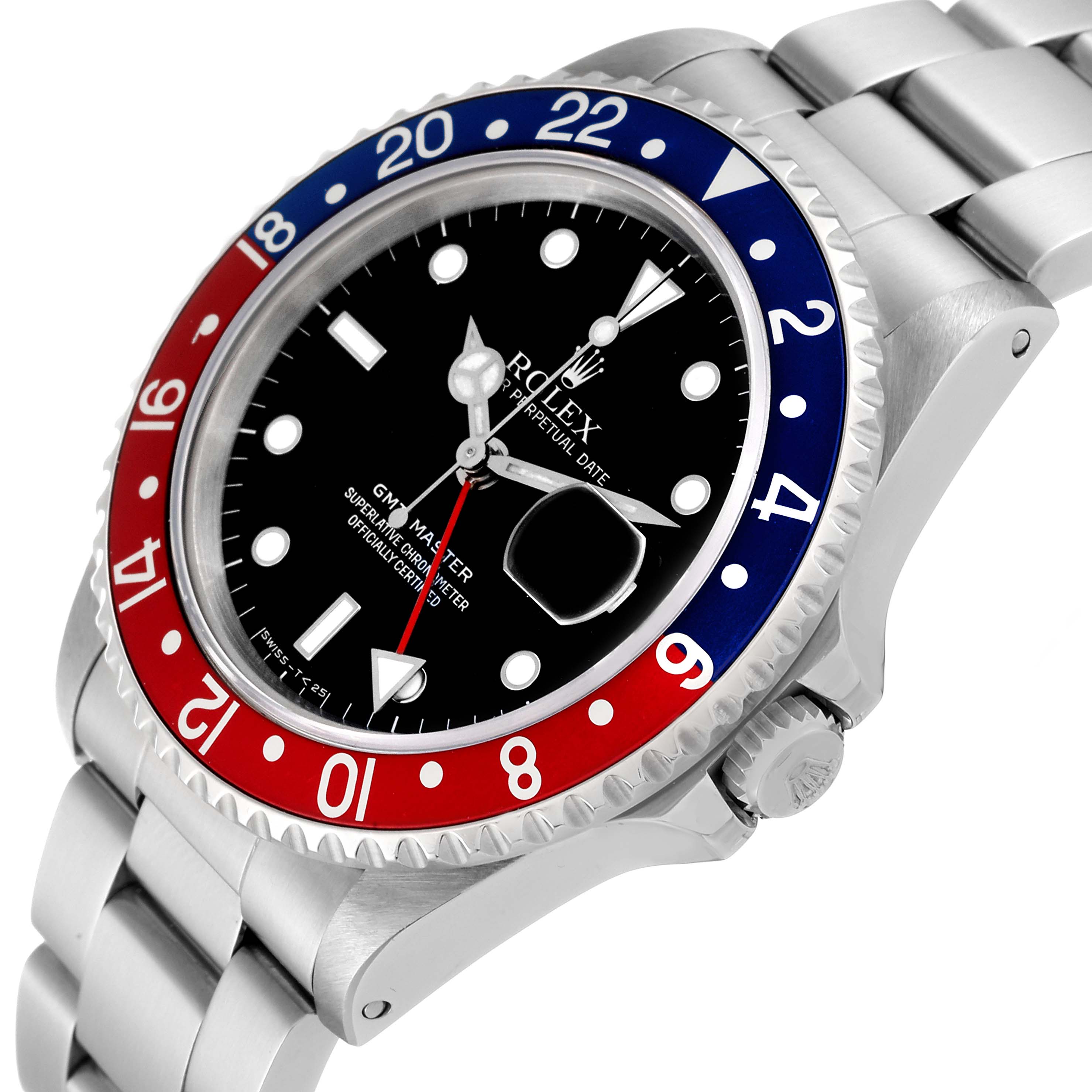 This image shows a close-up of a Rolex GMT-Master 16700 Men
s Stainless Steel Black Dial 16700 Men
s Stainless Steel Black Dial watch, highlighting its bezel, dial, hands, and bracelet.