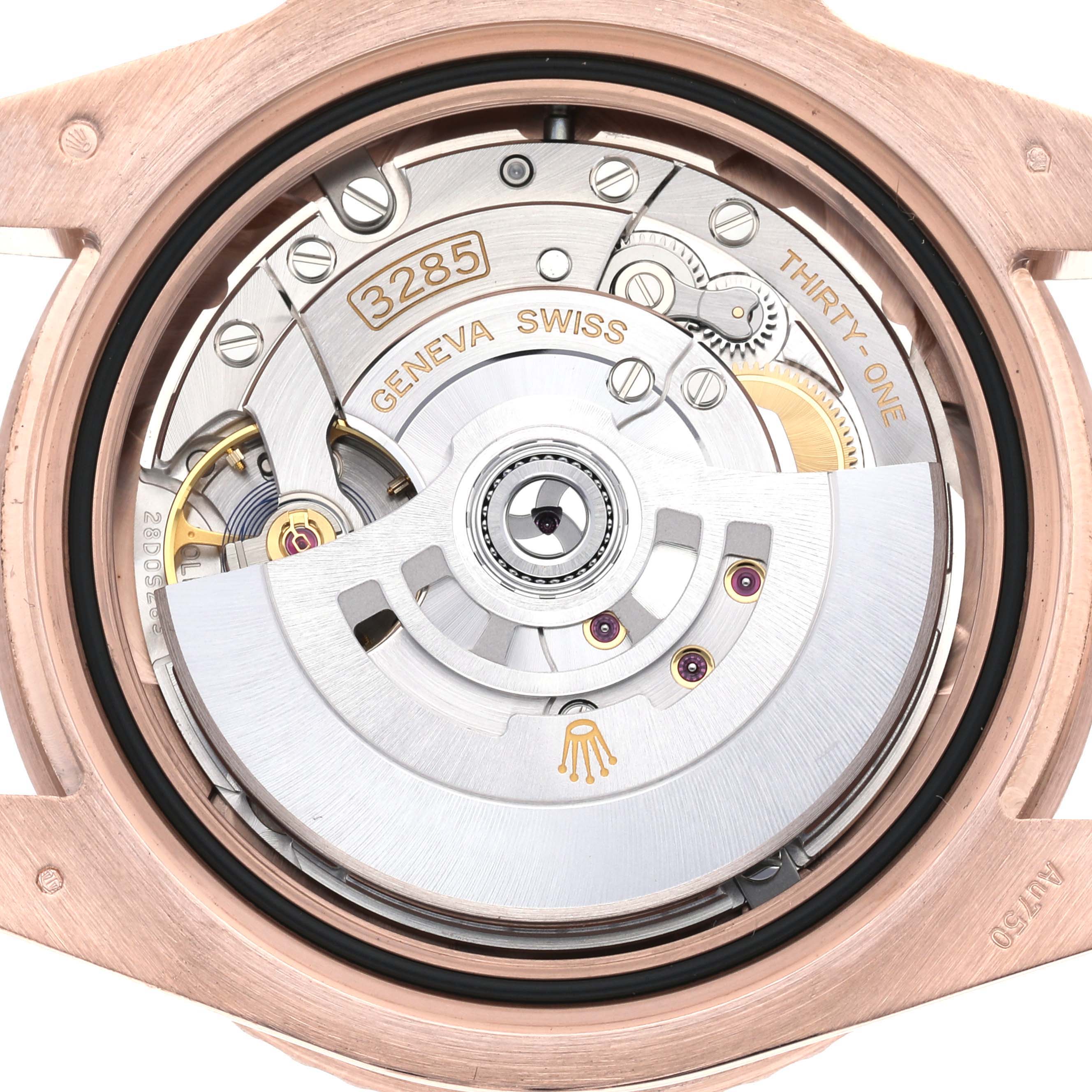 This is a close-up view of the movement inside a Rolex GMT-Master 126715CHNR Men
s Rose Gold Black Dial 126715CHNR Men
s Rose Gold Black Dial watch, showcasing its intricate mechanical components.