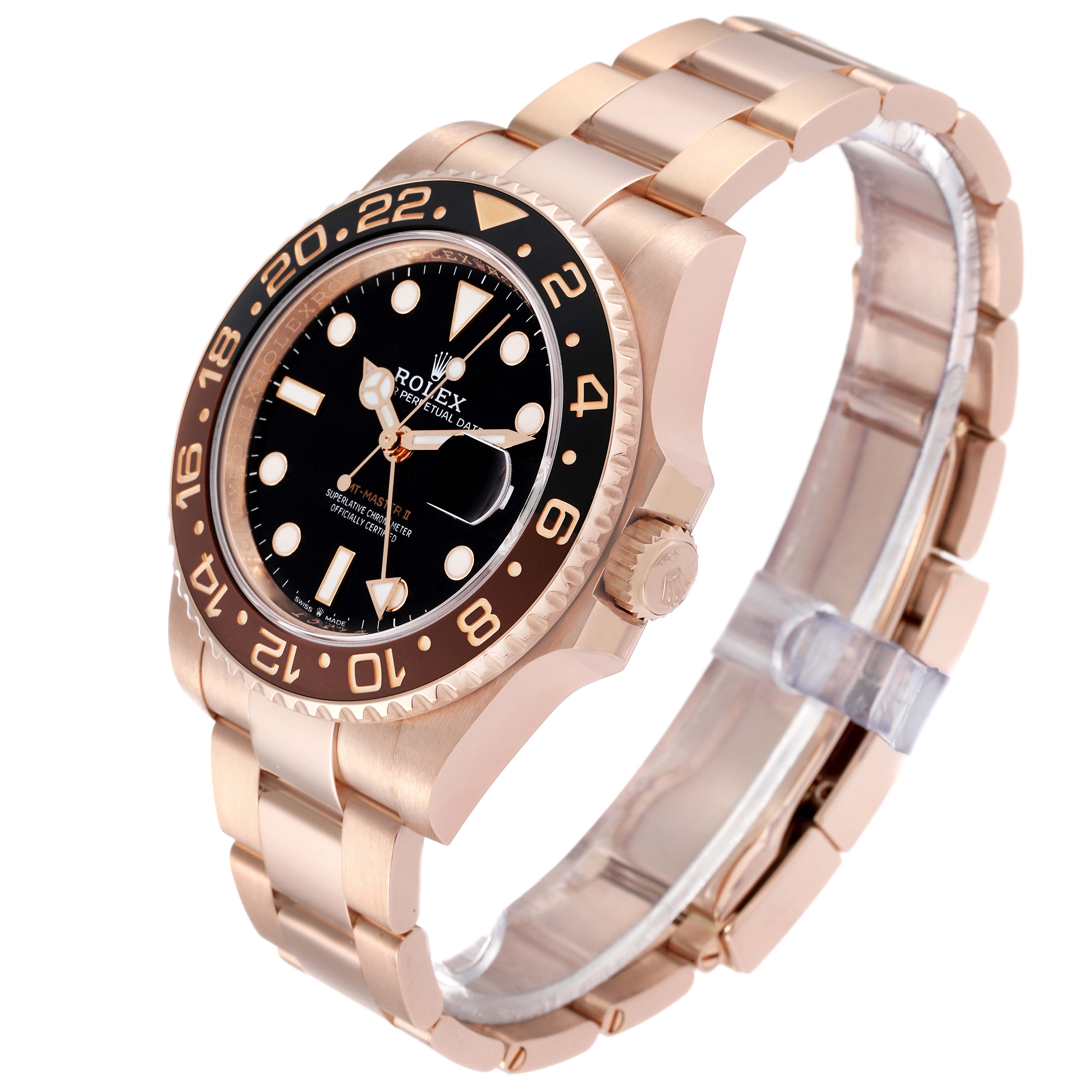 The image shows a side-angle view of a Rolex GMT-Master 126715CHNR Men
s Rose Gold Black Dial 126715CHNR Men
s Rose Gold Black Dial watch, highlighting its face, bezel, and bracelet.