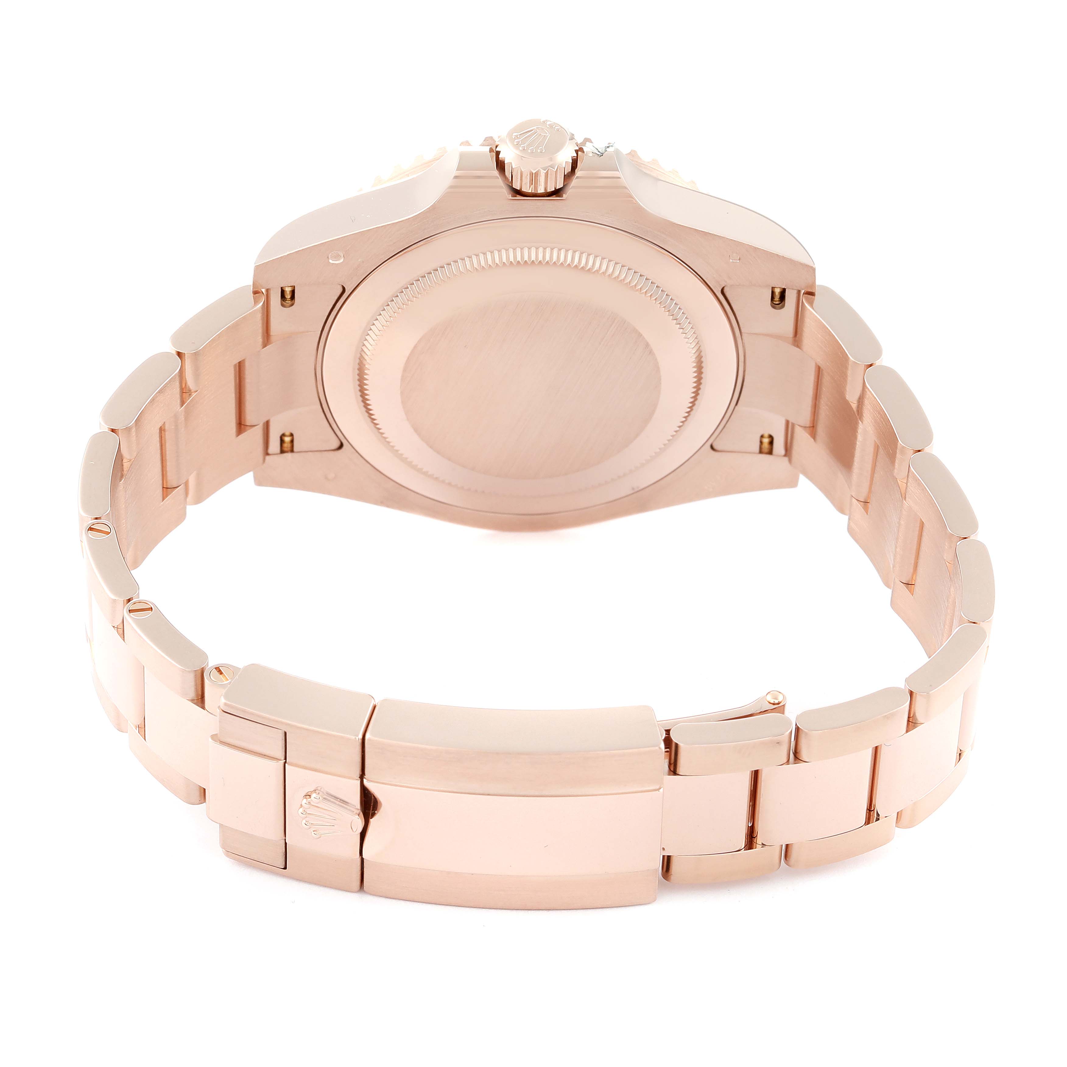 The image shows the back view, revealing the case back and bracelet of the Rolex GMT-Master 126715CHNR Men
s Rose Gold Black Dial 126715CHNR Men
s Rose Gold Black Dial model watch.