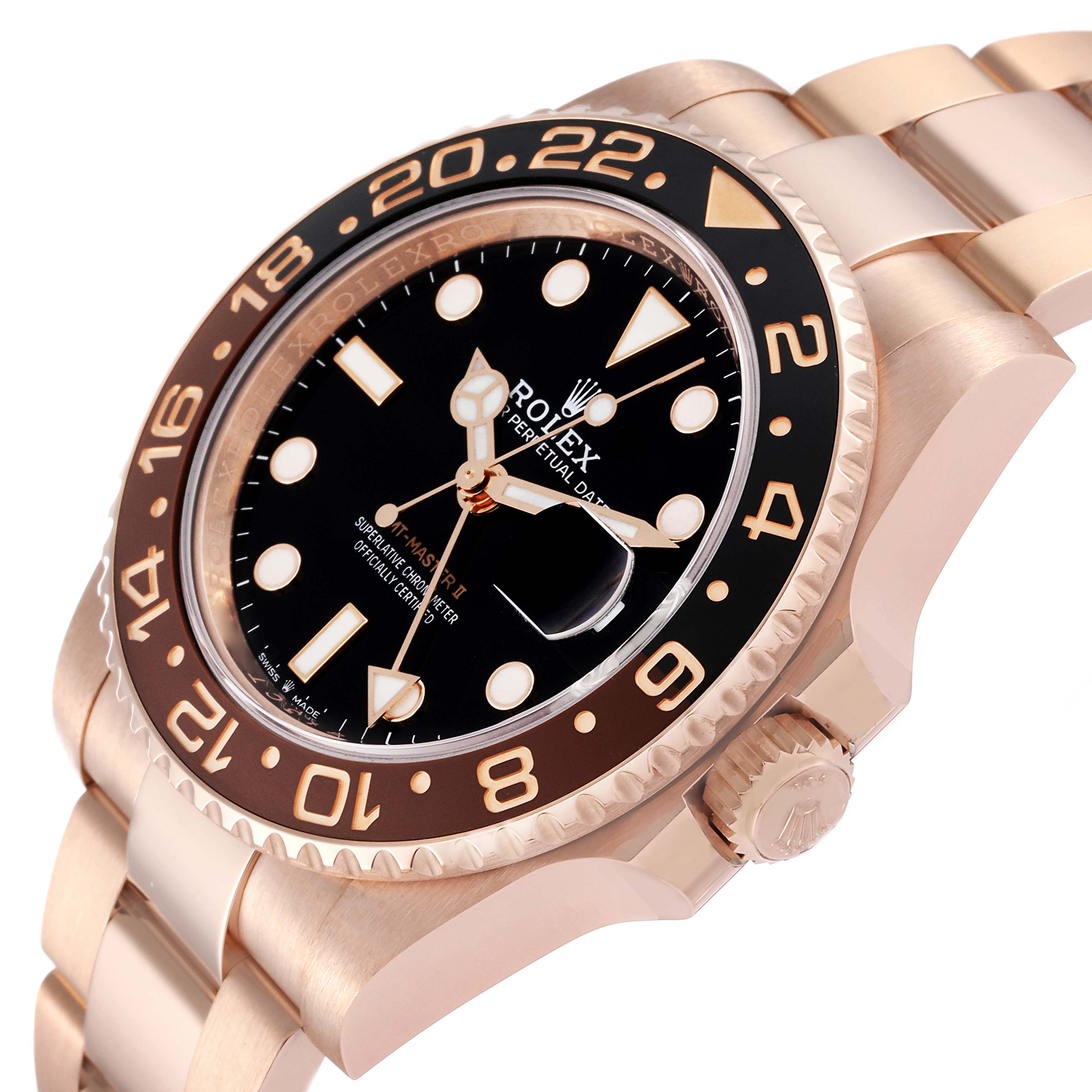 The image shows a side angle view of the Rolex GMT-Master 126715CHNR Men
s Rose Gold Black Dial 126715CHNR Men
s Rose Gold Black Dial watch, highlighting the bezel, crown, and bracelet.