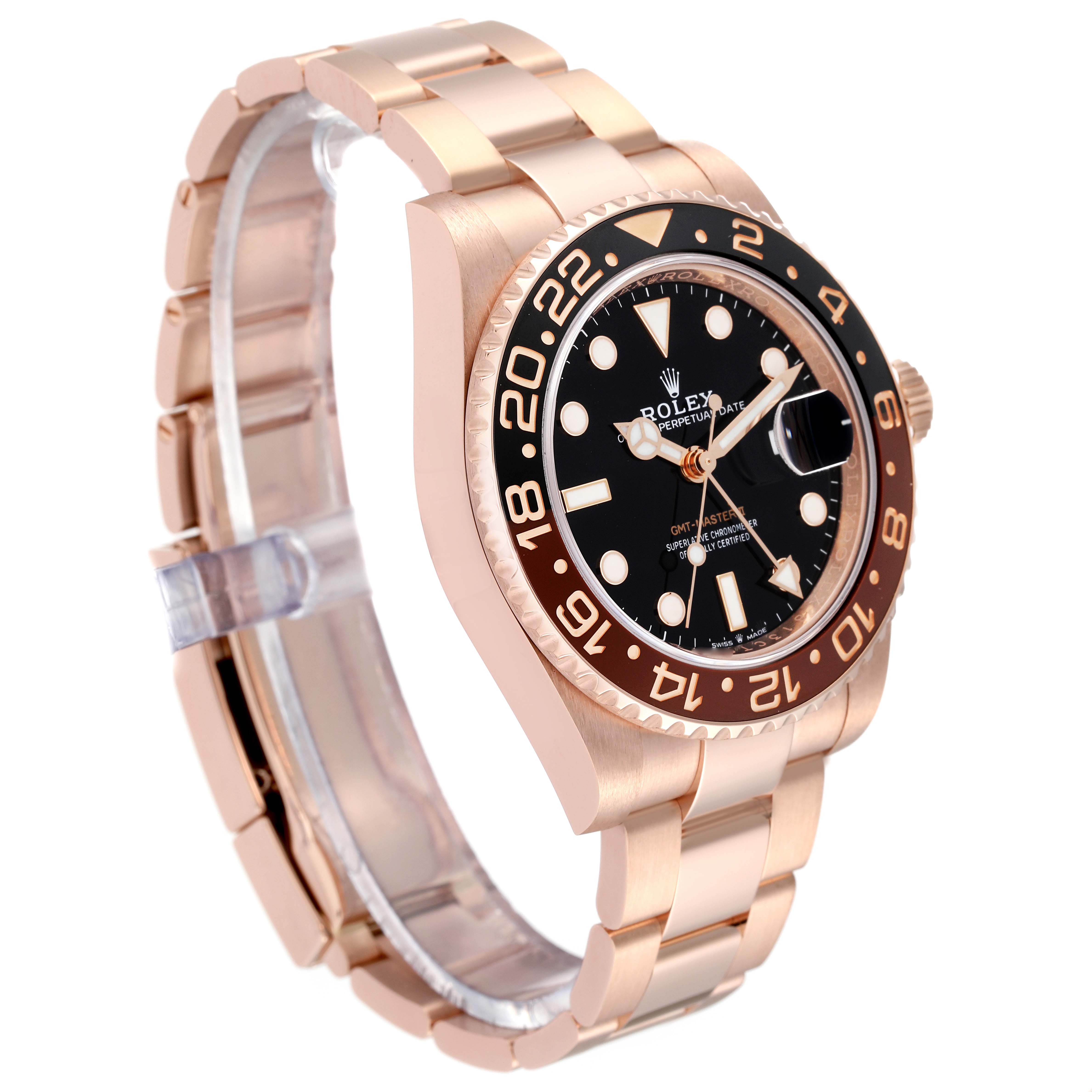 The image shows a side angle of the Rolex GMT-Master 126715CHNR Men
s Rose Gold Black Dial 126715CHNR Men
s Rose Gold Black Dial watch, highlighting the bezel, dial, and bracelet.