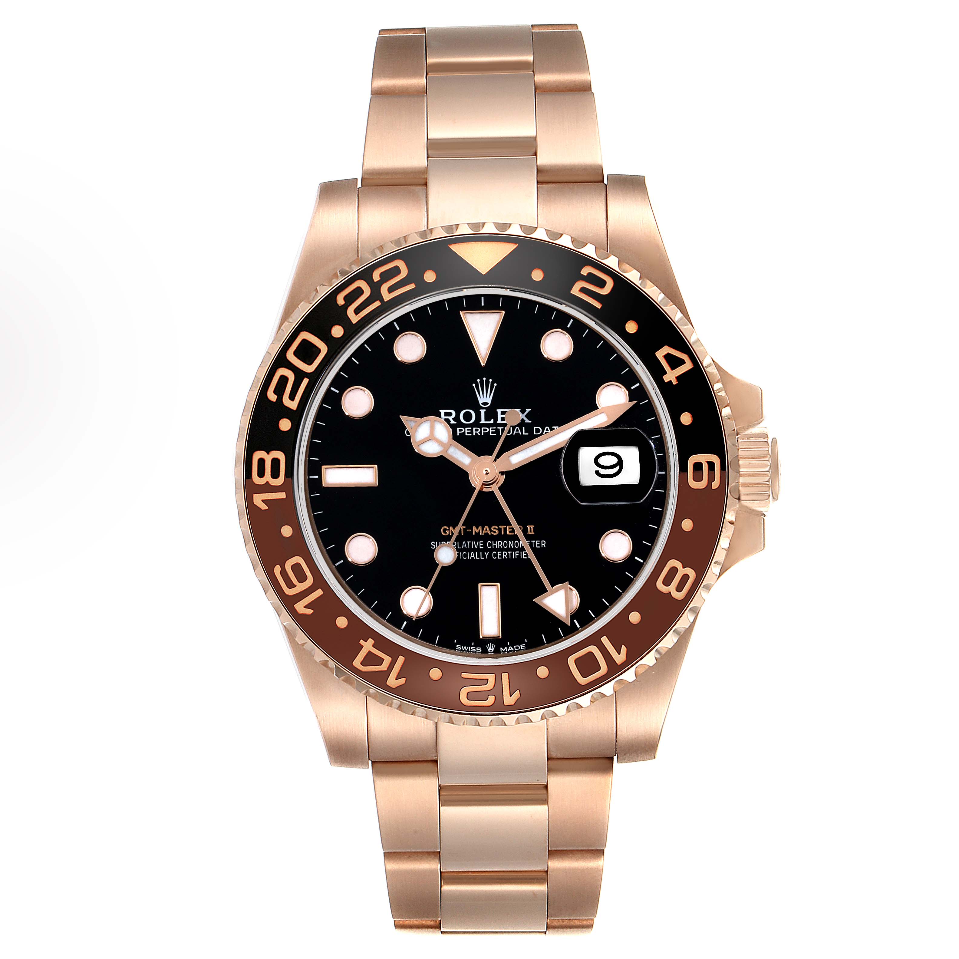 The Rolex GMT-Master 126715CHNR Men
s Rose Gold Black Dial 126715CHNR Men
s Rose Gold Black Dial watch is shown from a front angle, displaying the bezel, dial, hands, and bracelet.