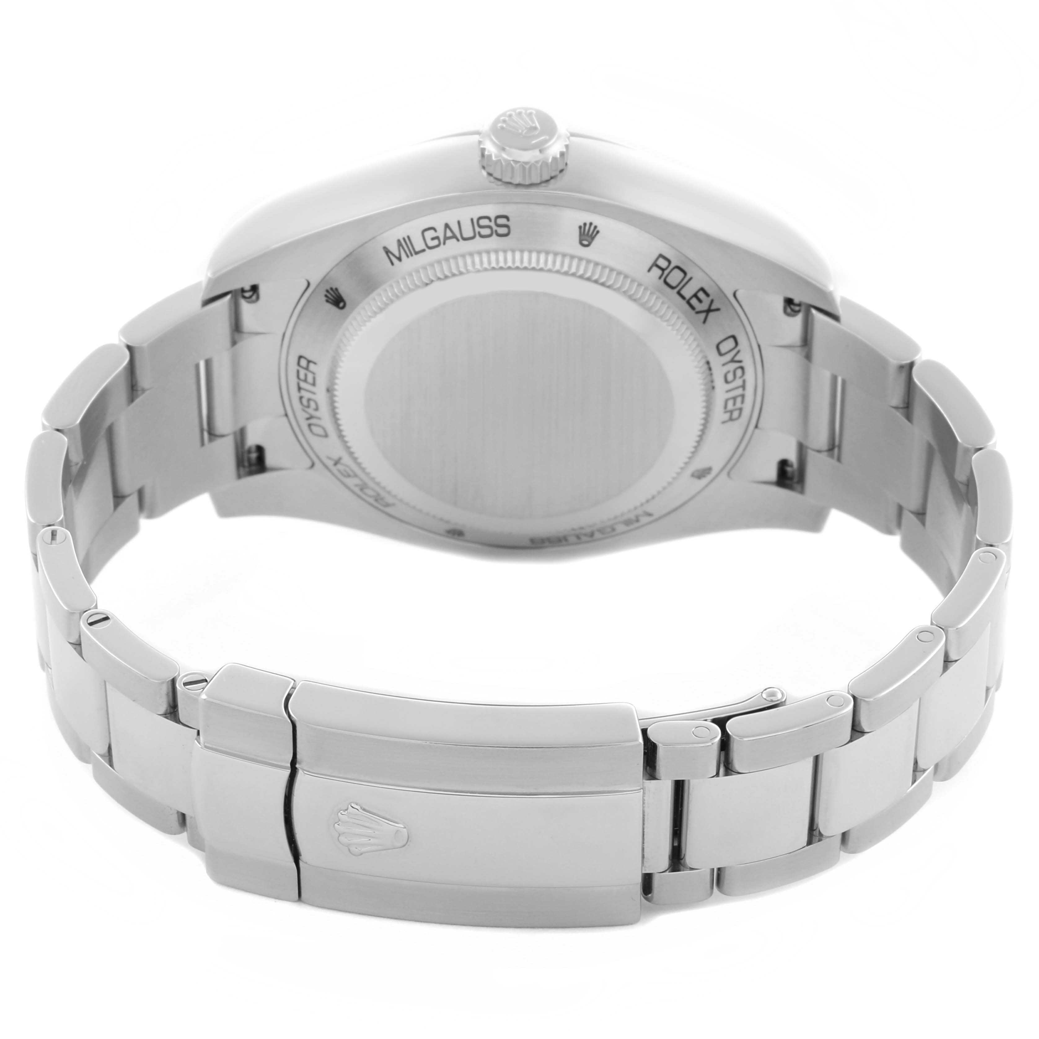 The image shows the back and bracelet of a Rolex Milgauss 116400GV Men's Stainless Steel Black Dial 116400GV Men's Stainless Steel Black Dial watch, highlighting the case back and clasp.