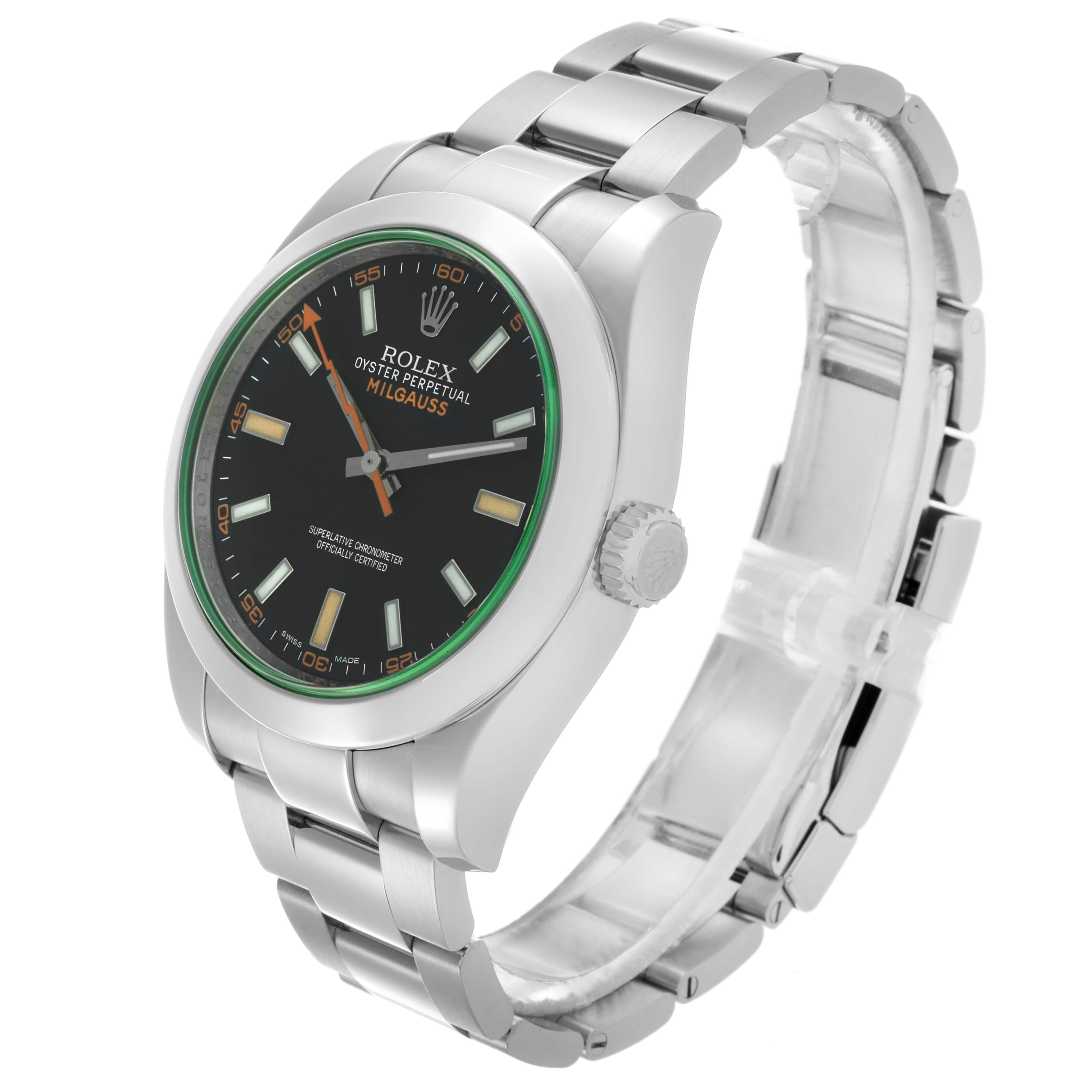 The Rolex Milgauss 116400GV Men's Stainless Steel Black Dial 116400GV Men's Stainless Steel Black Dial watch is shown at a slight angle, highlighting the bezel, dial, crown, and bracelet.
