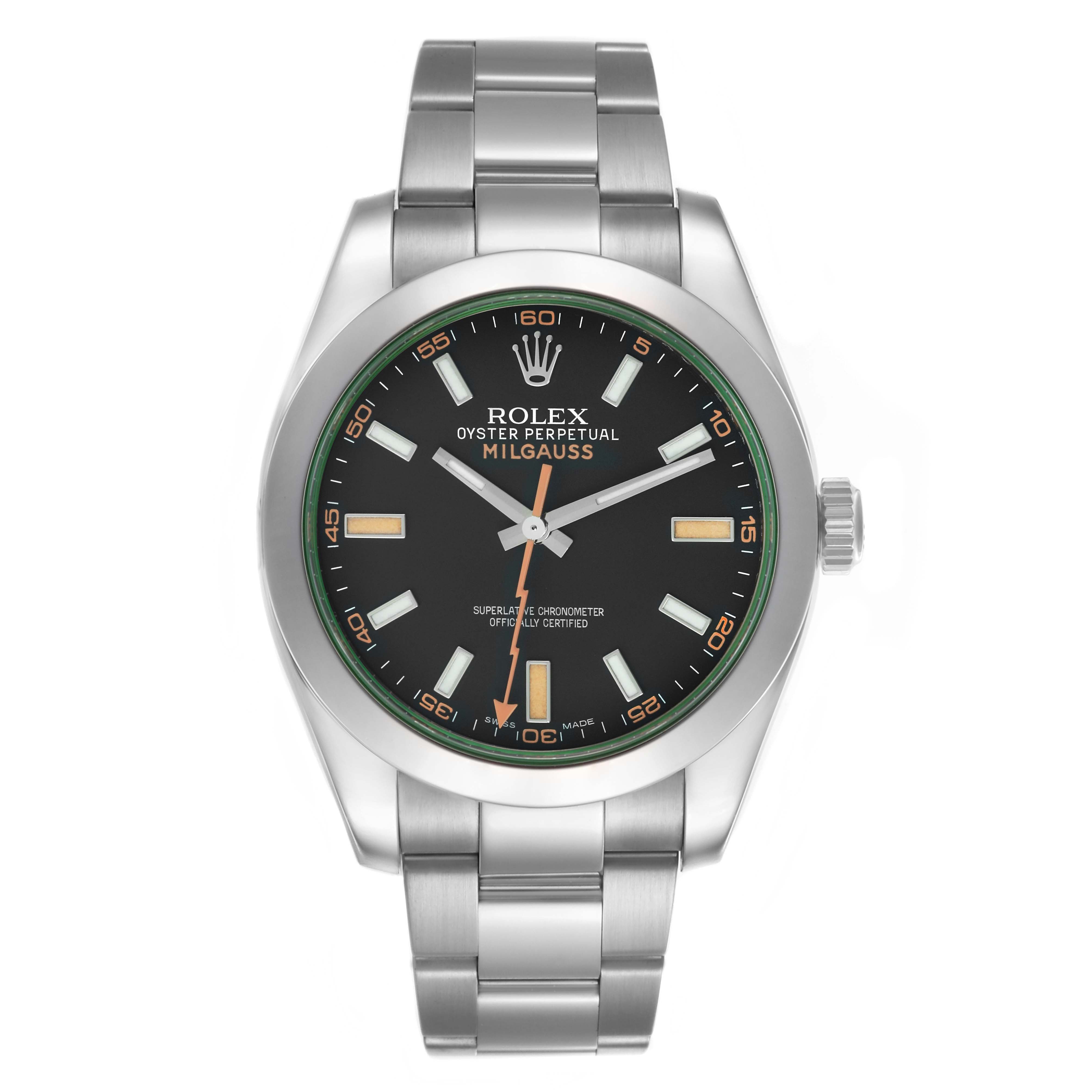 The Rolex Milgauss 116400GV Men's Stainless Steel Black Dial 116400GV Men's Stainless Steel Black Dial watch is shown from the front, displaying its face, hands, markers, and bracelet.