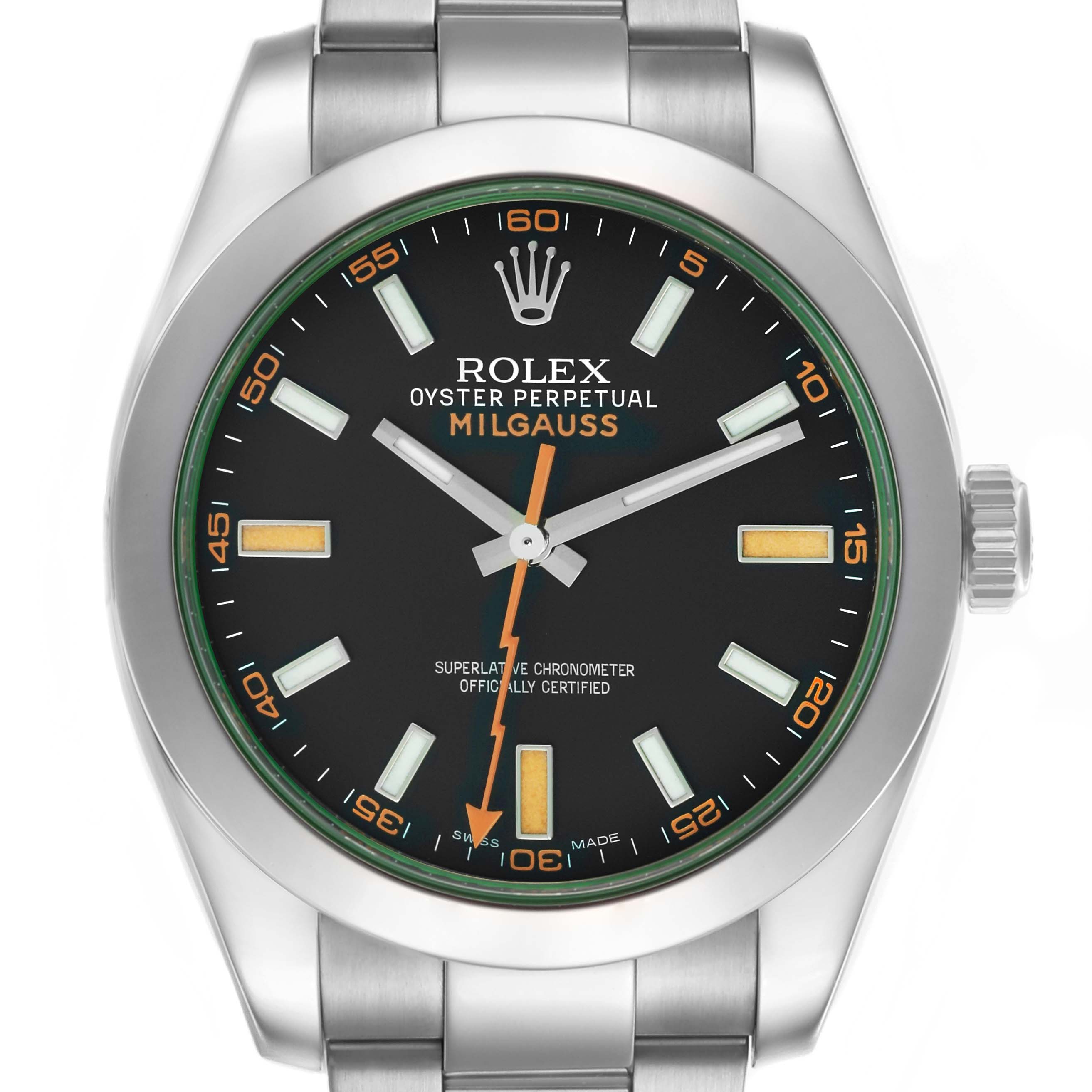 The Rolex Milgauss 116400GV Men's Stainless Steel Black Dial 116400GV Men's Stainless Steel Black Dial watch is shown from a top-down angle, highlighting its dial, hands, and bezel.
