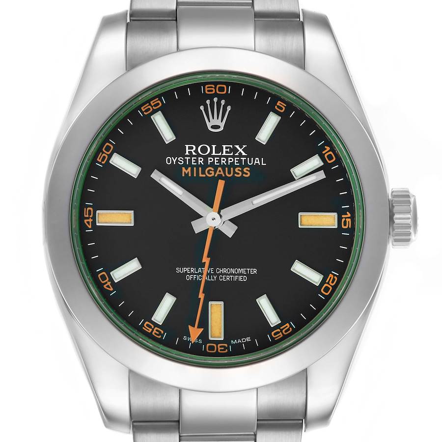 The Rolex Milgauss watch is shown from a top-down angle, highlighting its dial, hands, and bezel.