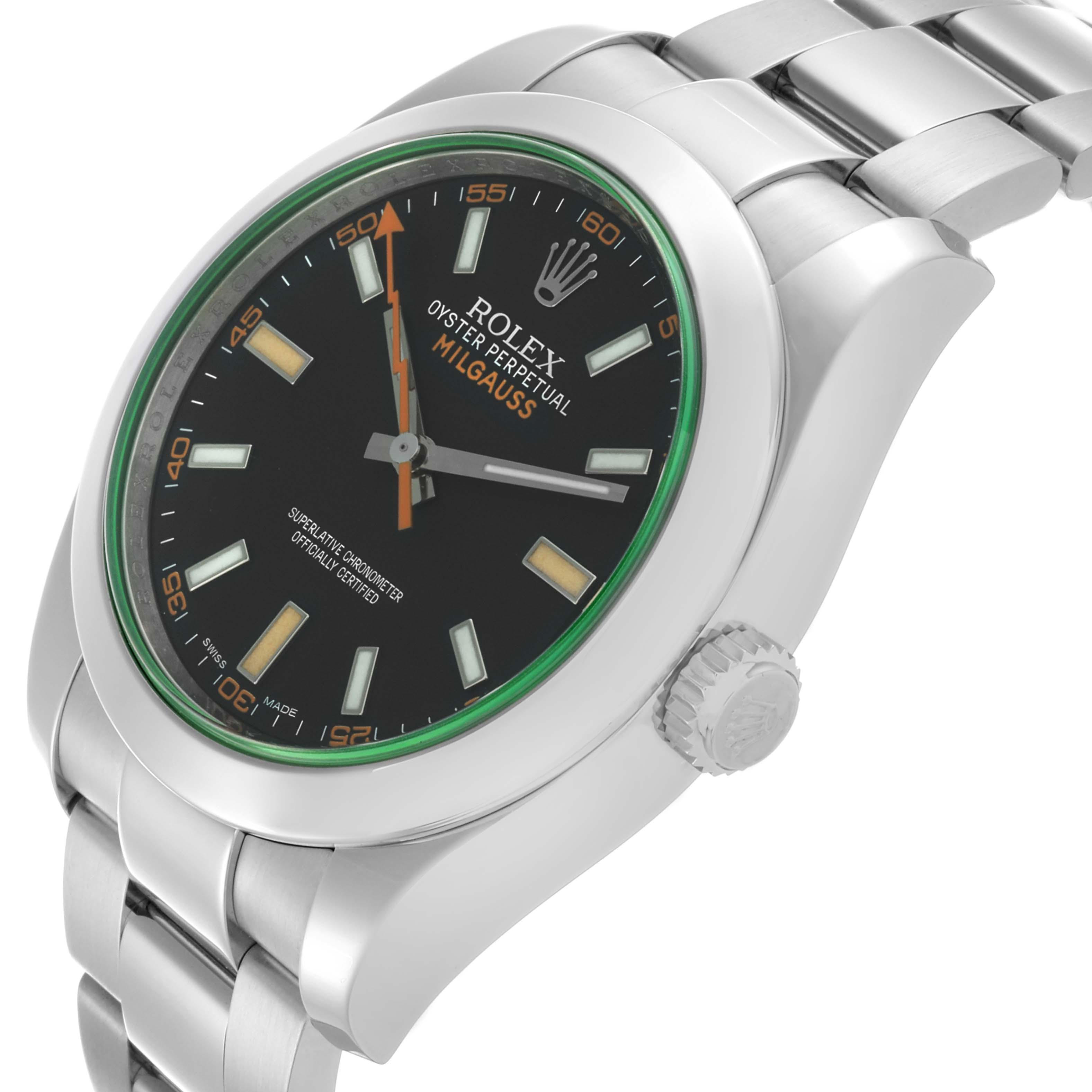 The Rolex Milgauss 116400GV Men's Stainless Steel Black Dial 116400GV Men's Stainless Steel Black Dial watch is shown at an angle highlighting the face, crown, and metal bracelet links.