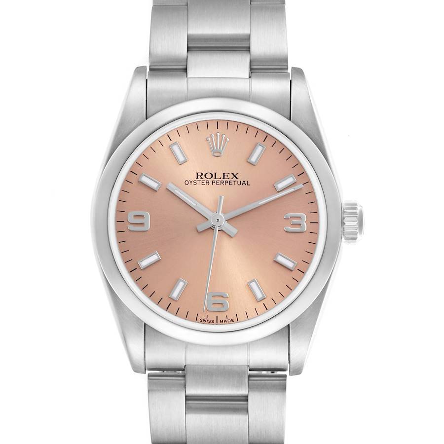 The Rolex Mid-Size watch is shown from the front, displaying its dial, case, and part of the bracelet.