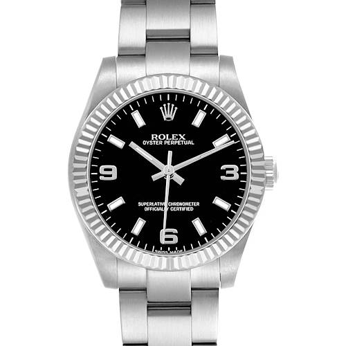 The Rolex Oyster Perpetual 177234 Women's Stainless Steel Black Dial watch is shown from a frontal angle, displaying its face, bezel, and part of the bracelet.