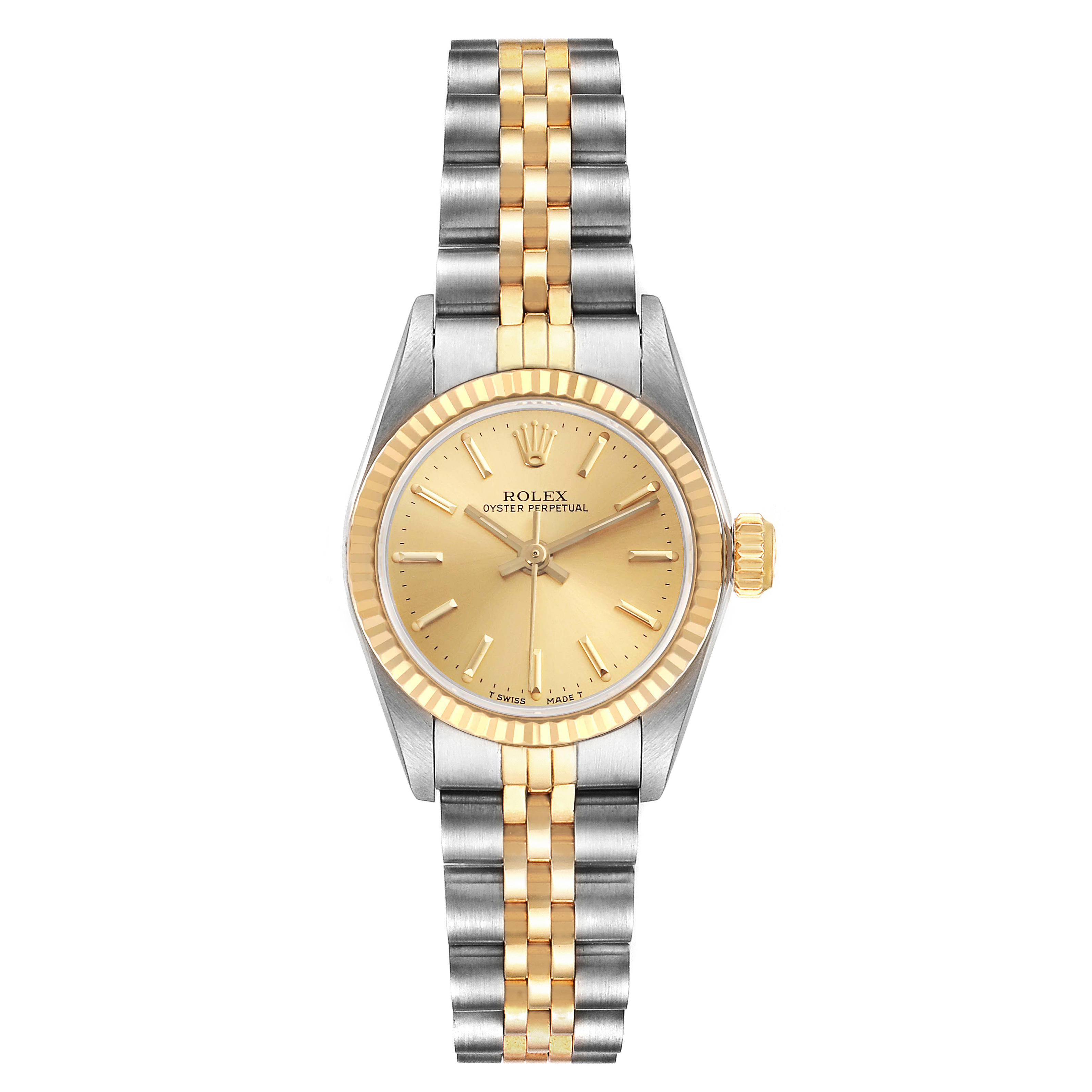 The Rolex Oyster Perpetual 67193 Women's Steel and Gold (two tone) Champagne Dial 67193 Women's Steel and Gold (two tone) Champagne Dial watch is shown from a top view, displaying its two-tone bracelet and gold dial.