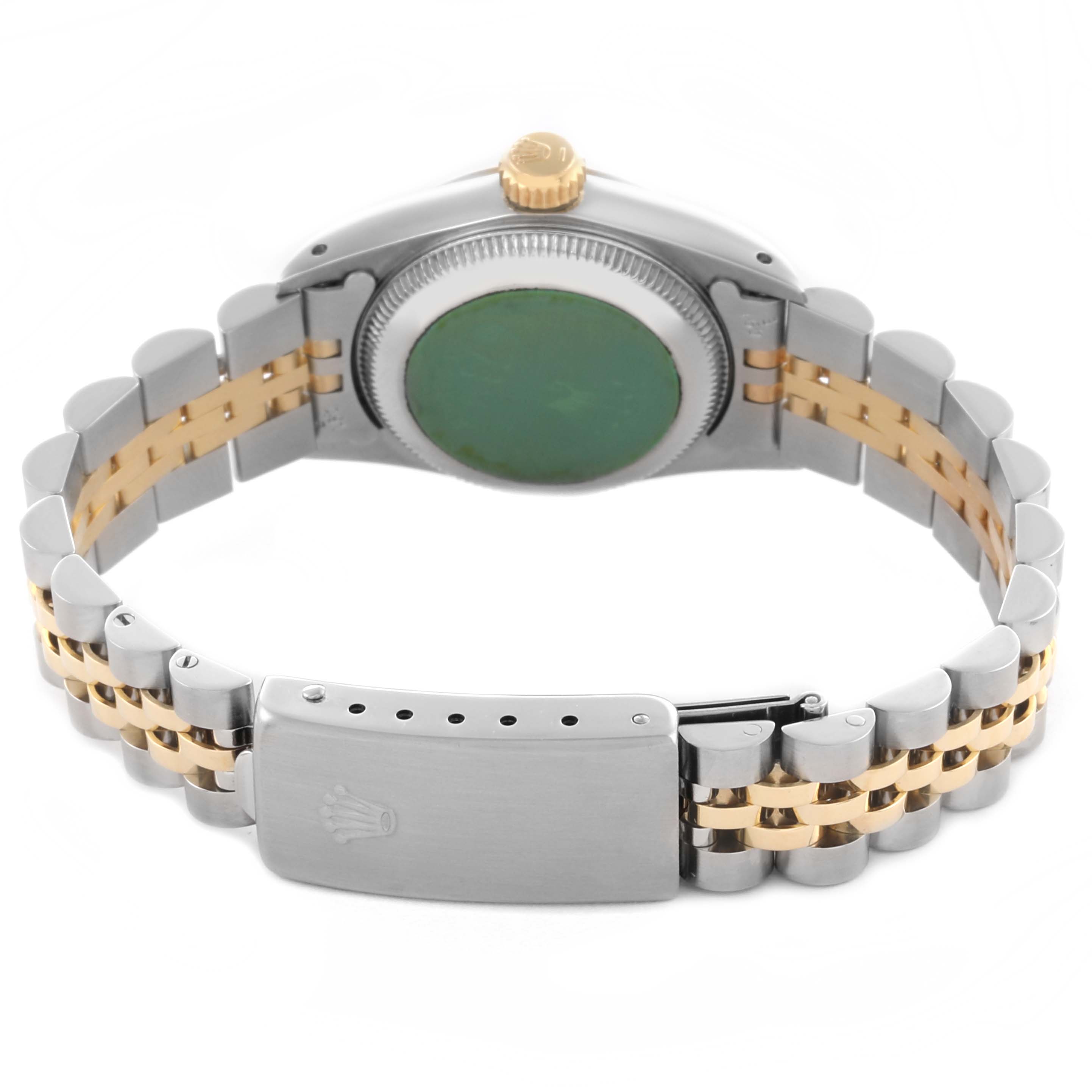 The image shows the back and clasp of a Rolex Oyster Perpetual 67193 Women's Steel and Gold (two tone) Champagne Dial 67193 Women's Steel and Gold (two tone) Champagne Dial watch, highlighting the two-tone bracelet and case back.