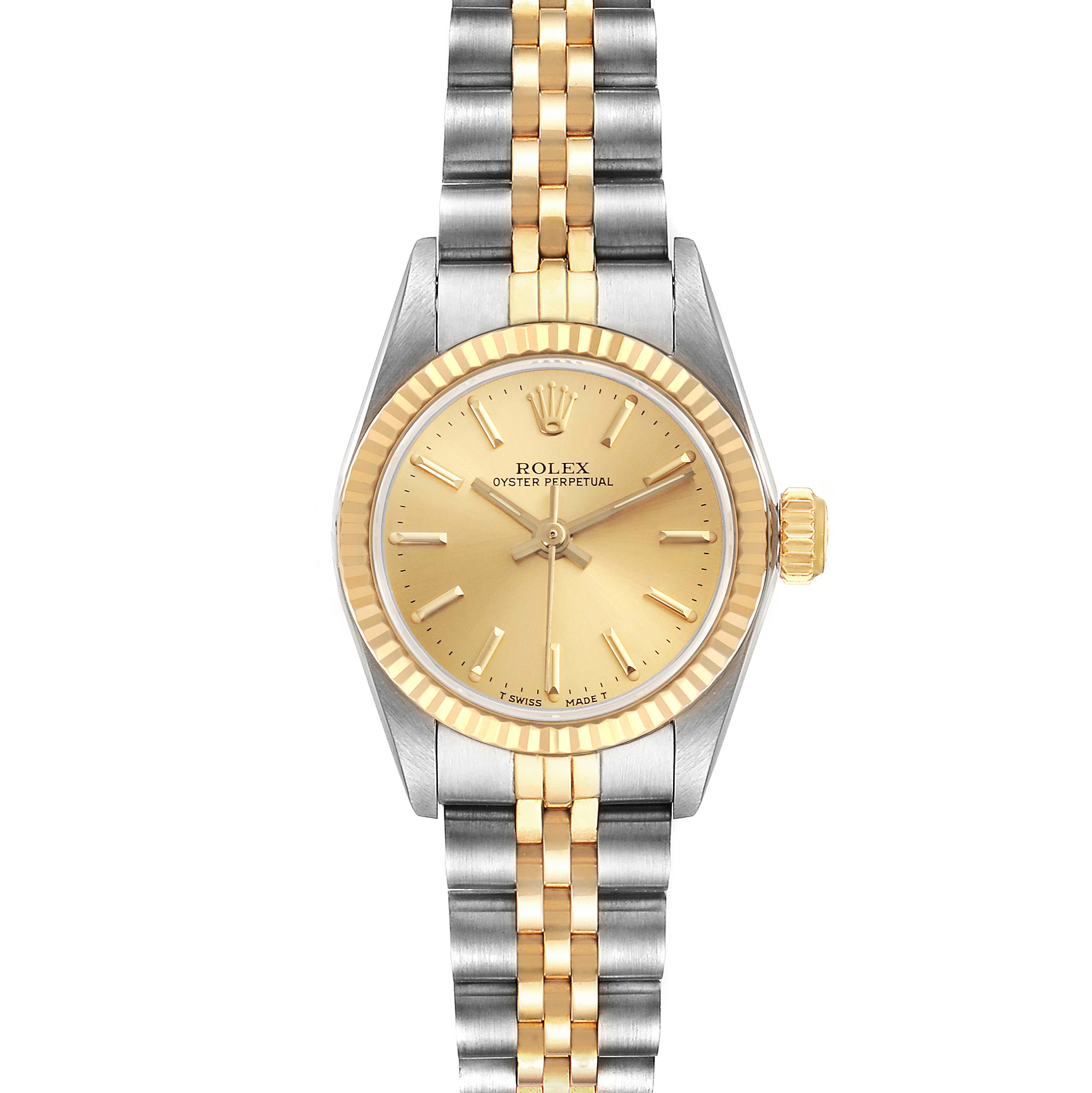 The Rolex Oyster Perpetual 67193 Women's Steel and Gold (two tone) Champagne Dial 67193 Women's Steel and Gold (two tone) Champagne Dial watch is shown from the front, displaying the dial, bezel, and two-tone metal bracelet.
