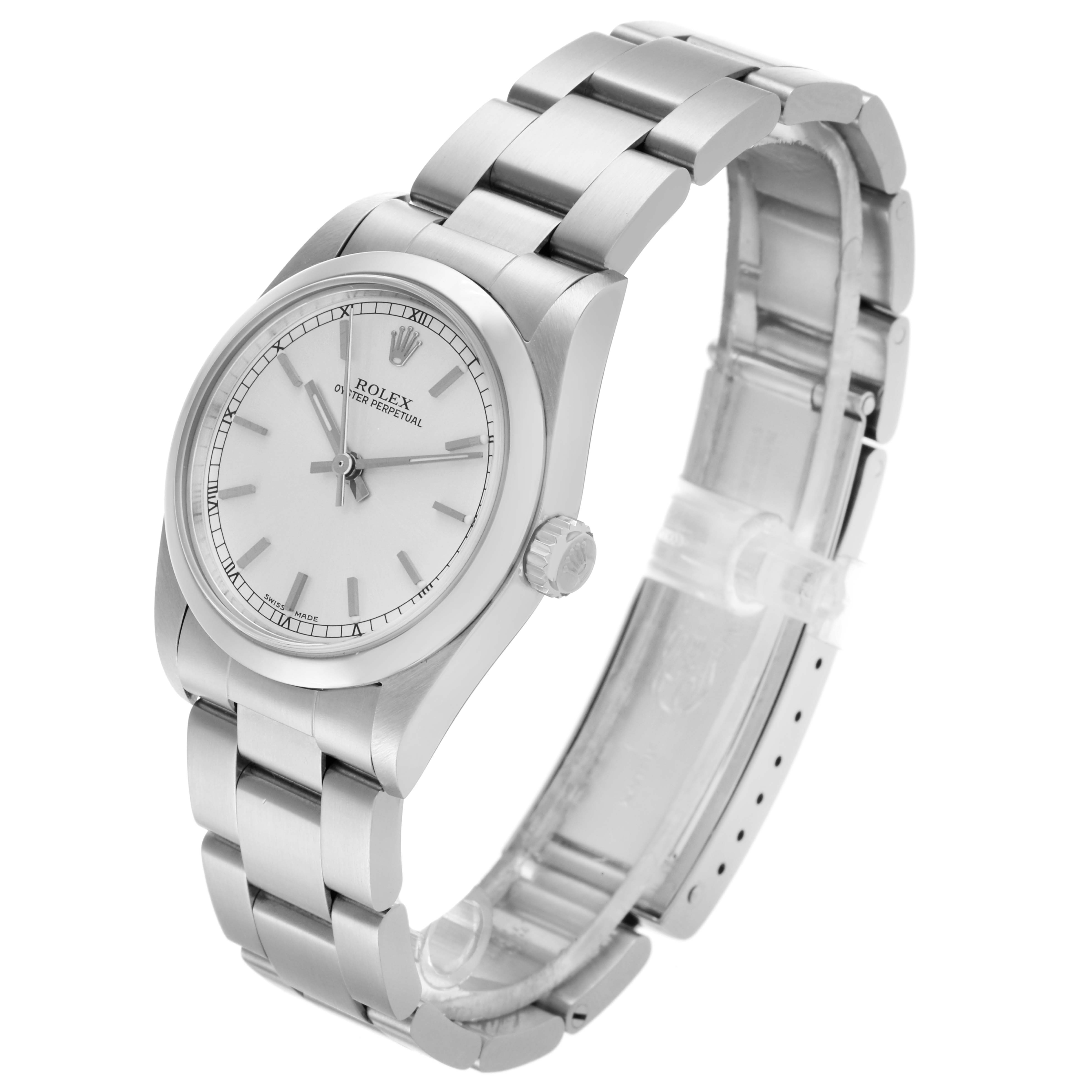 The Rolex Mid-Size 77080 Women's Stainless Steel Silver Dial 77080 Women's Stainless Steel Silver Dial watch is shown at an angled side view, highlighting the face, bezel, bracelet, and crown.