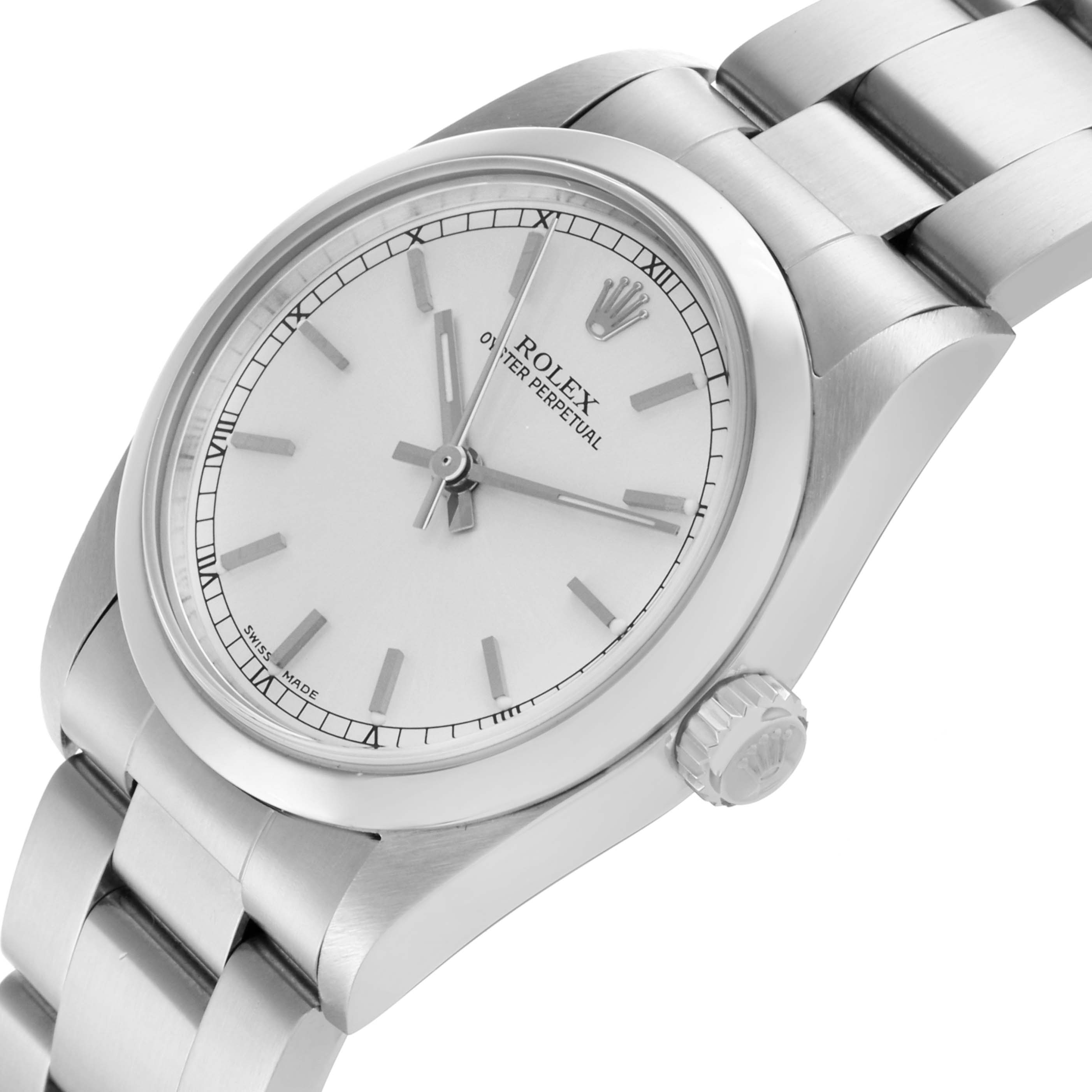 The Rolex Mid-Size 77080 Women's Stainless Steel Silver Dial 77080 Women's Stainless Steel Silver Dial watch is shown at a slightly tilted angle, displaying the dial, crown, and part of the bracelet.