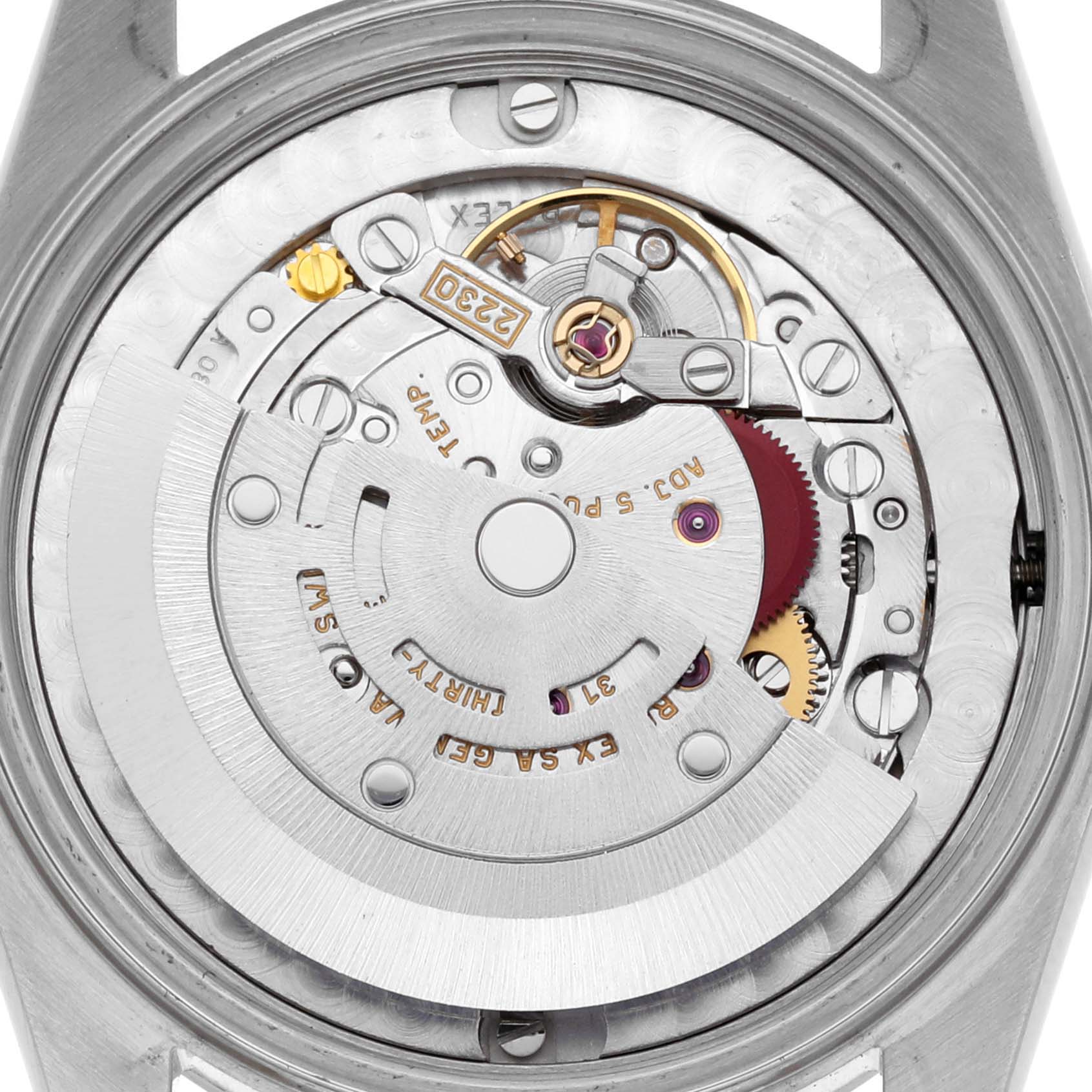 This image shows the rear view of the movement mechanism of a Rolex Mid-Size 77080 Women's Stainless Steel Silver Dial 77080 Women's Stainless Steel Silver Dial watch, highlighting its intricate components.
