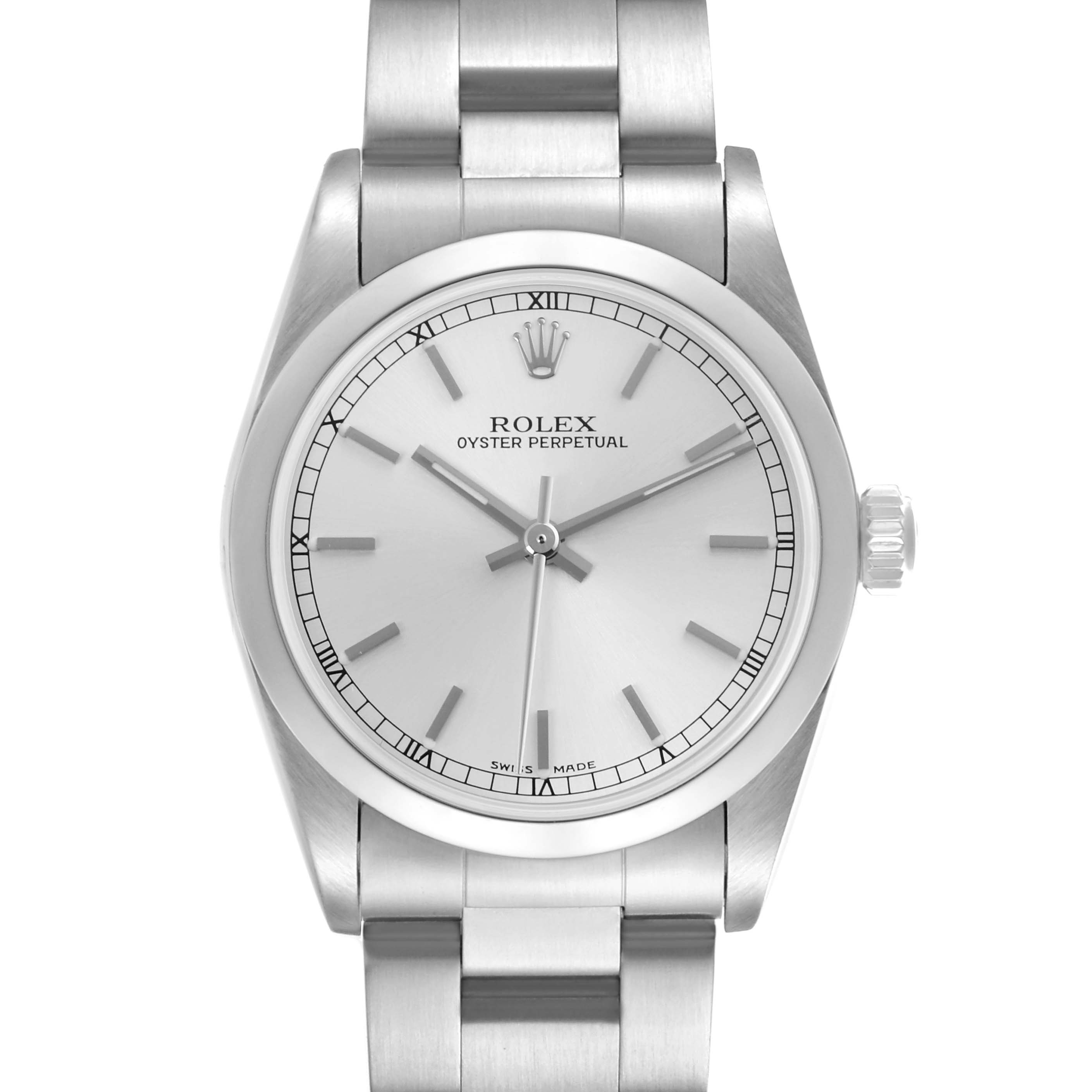 The Rolex Mid-Size 77080 Women's Stainless Steel Silver Dial 77080 Women's Stainless Steel Silver Dial watch is shown from a front angle, displaying its face, bezel, and part of the bracelet.