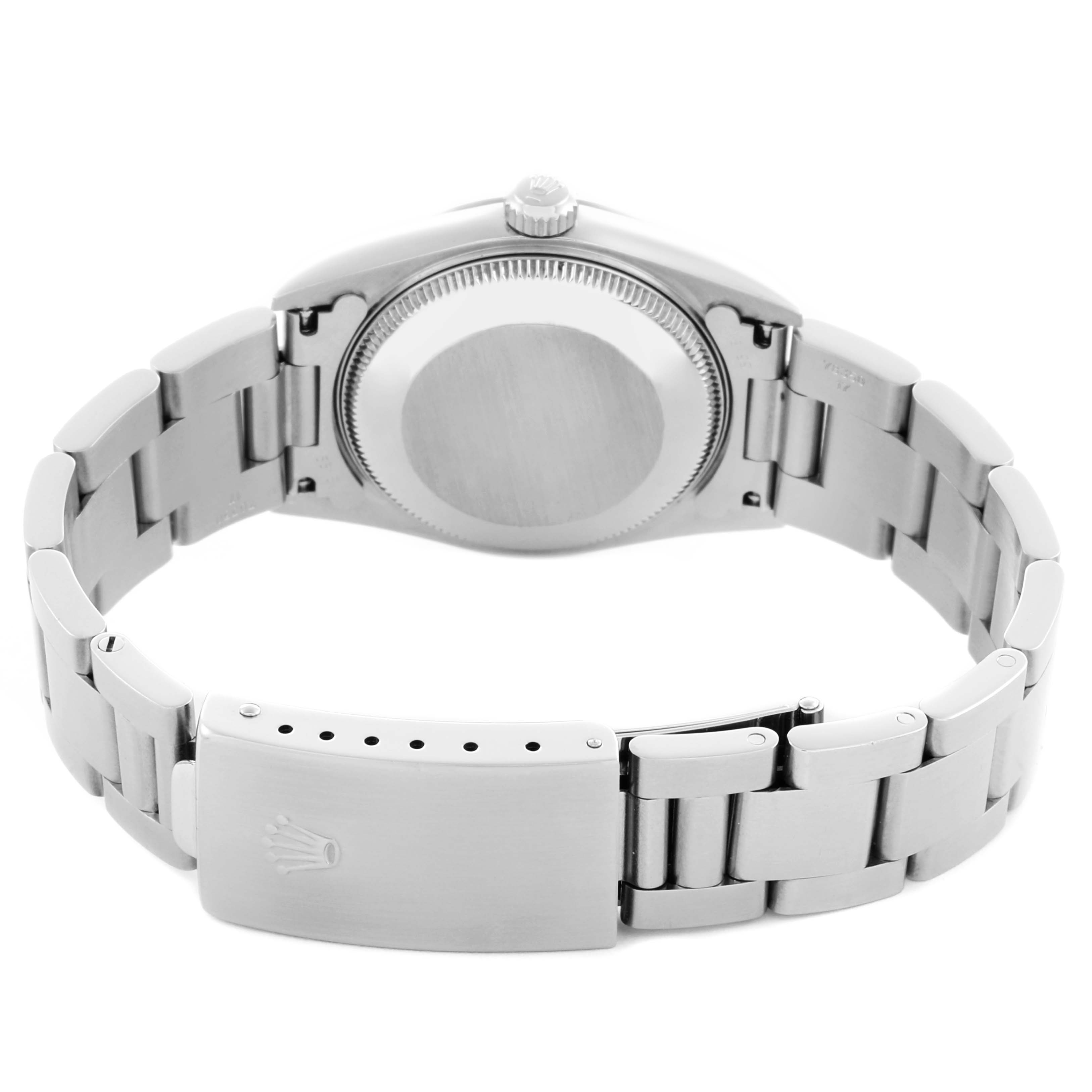 The image shows the back and bracelet clasp of a Rolex Mid-Size 77080 Women's Stainless Steel Silver Dial 77080 Women's Stainless Steel Silver Dial watch from a rear angle.