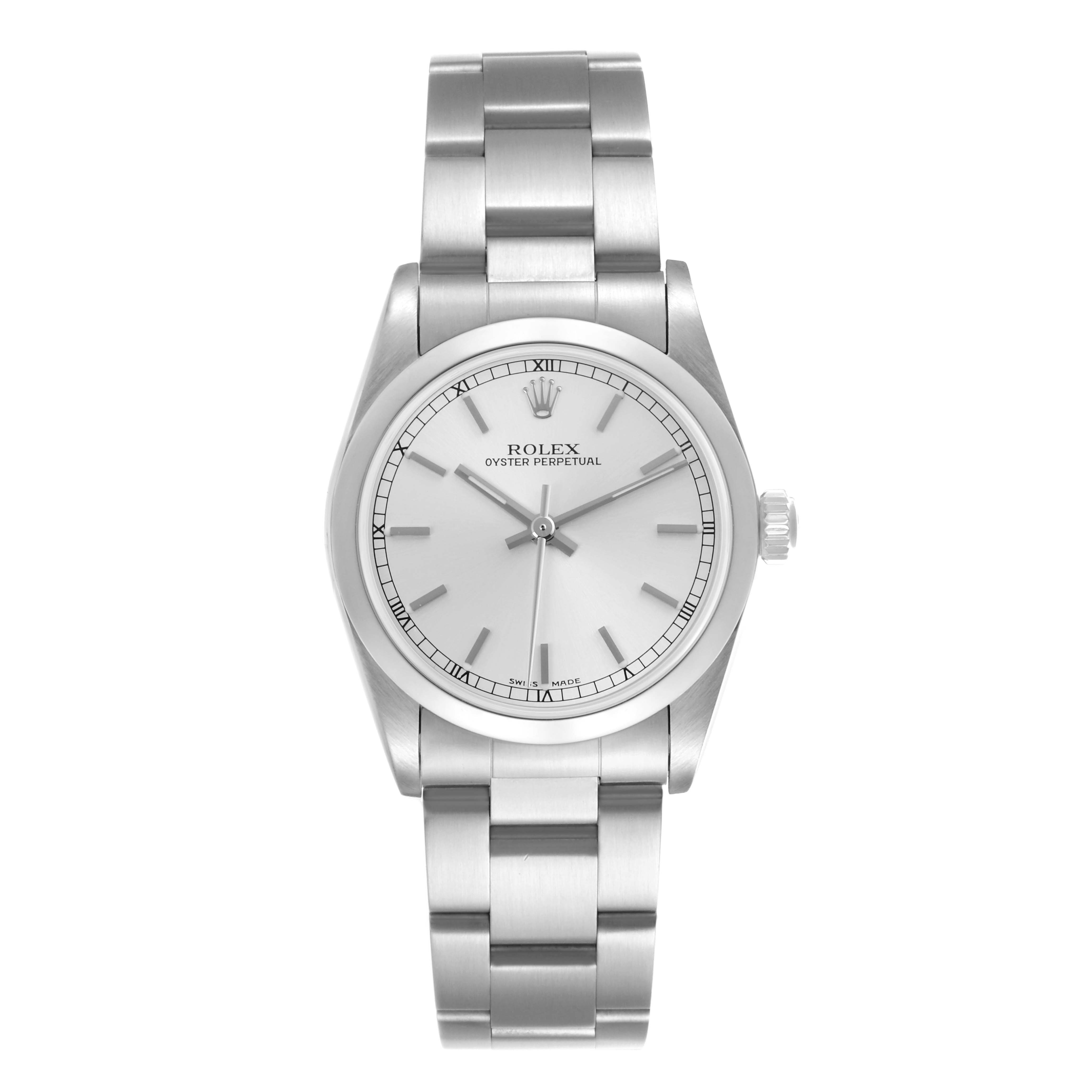 The Rolex Mid-Size 77080 Women's Stainless Steel Silver Dial 77080 Women's Stainless Steel Silver Dial Oyster Perpetual watch is shown from a front angle, displaying the full bracelet and dial.