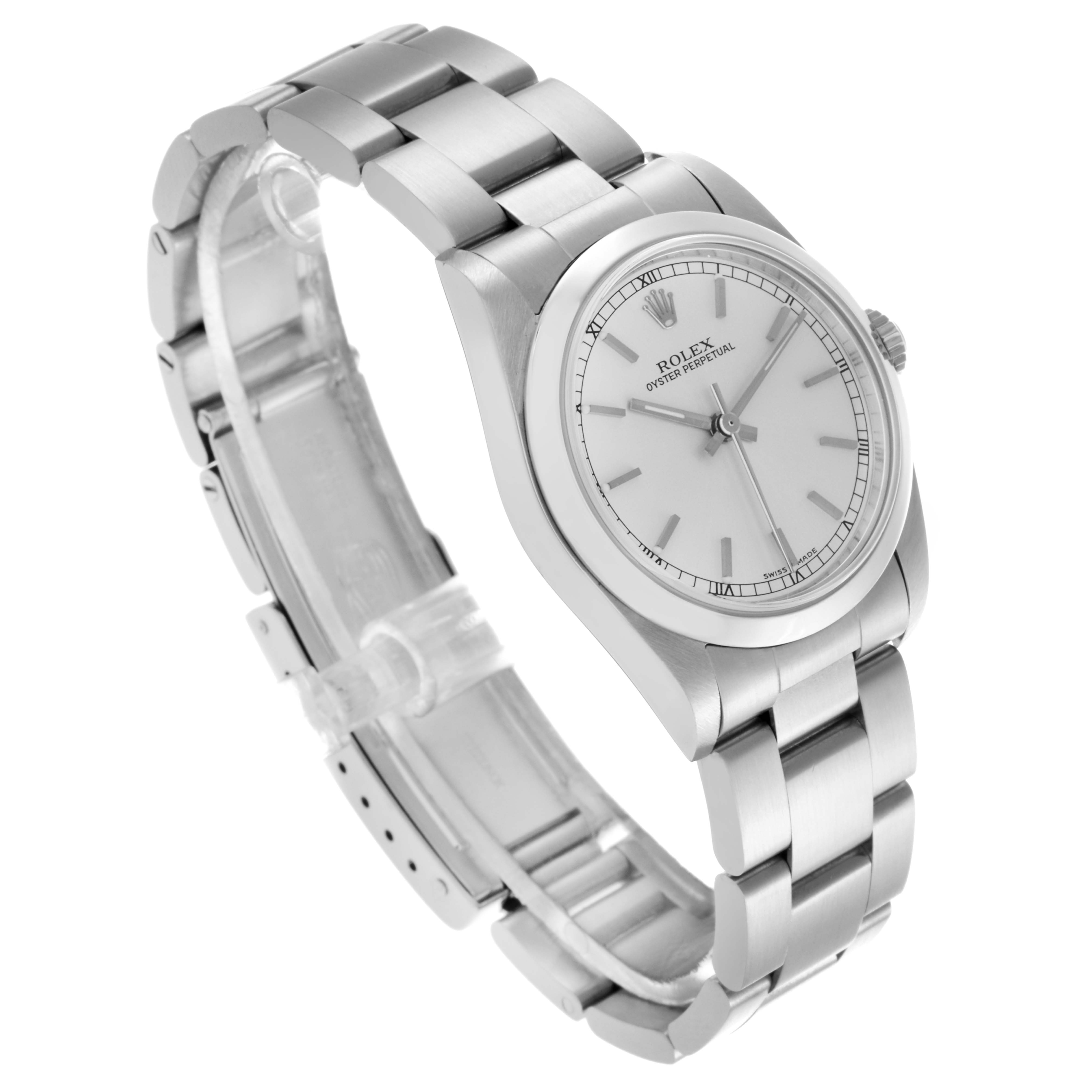 The image shows a Rolex Mid-Size 77080 Women's Stainless Steel Silver Dial 77080 Women's Stainless Steel Silver Dial watch at a three-quarter angle, highlighting the face, bracelet, and crown.
