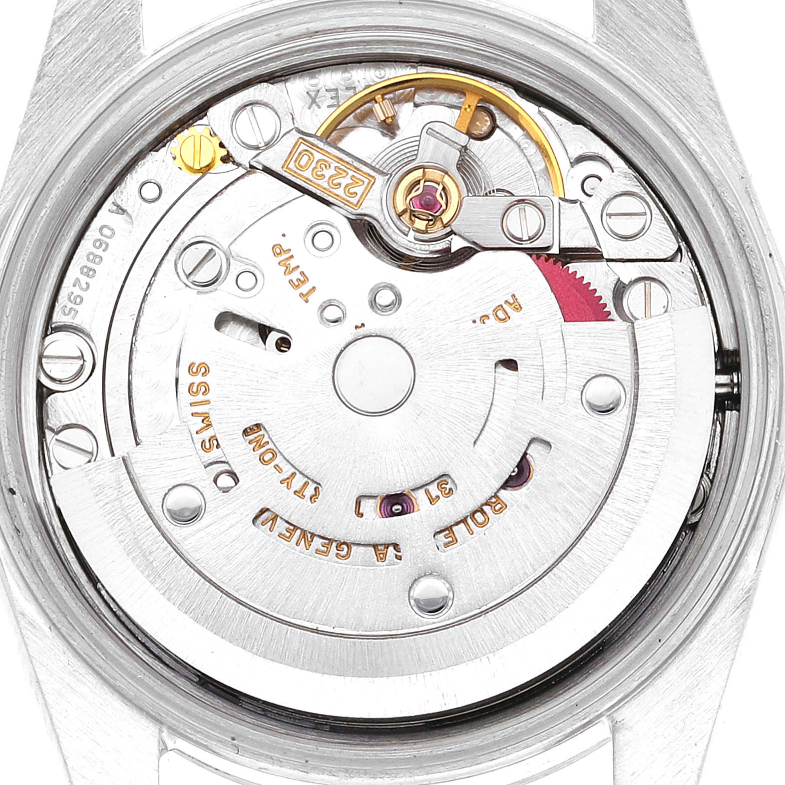 This image shows the internal mechanical movement of the Rolex Oyster Perpetual 76094 Women
s Stainless Steel Silver Dial 76094 Women
s Stainless Steel Silver Dial watch from a close-up, top-down angle.