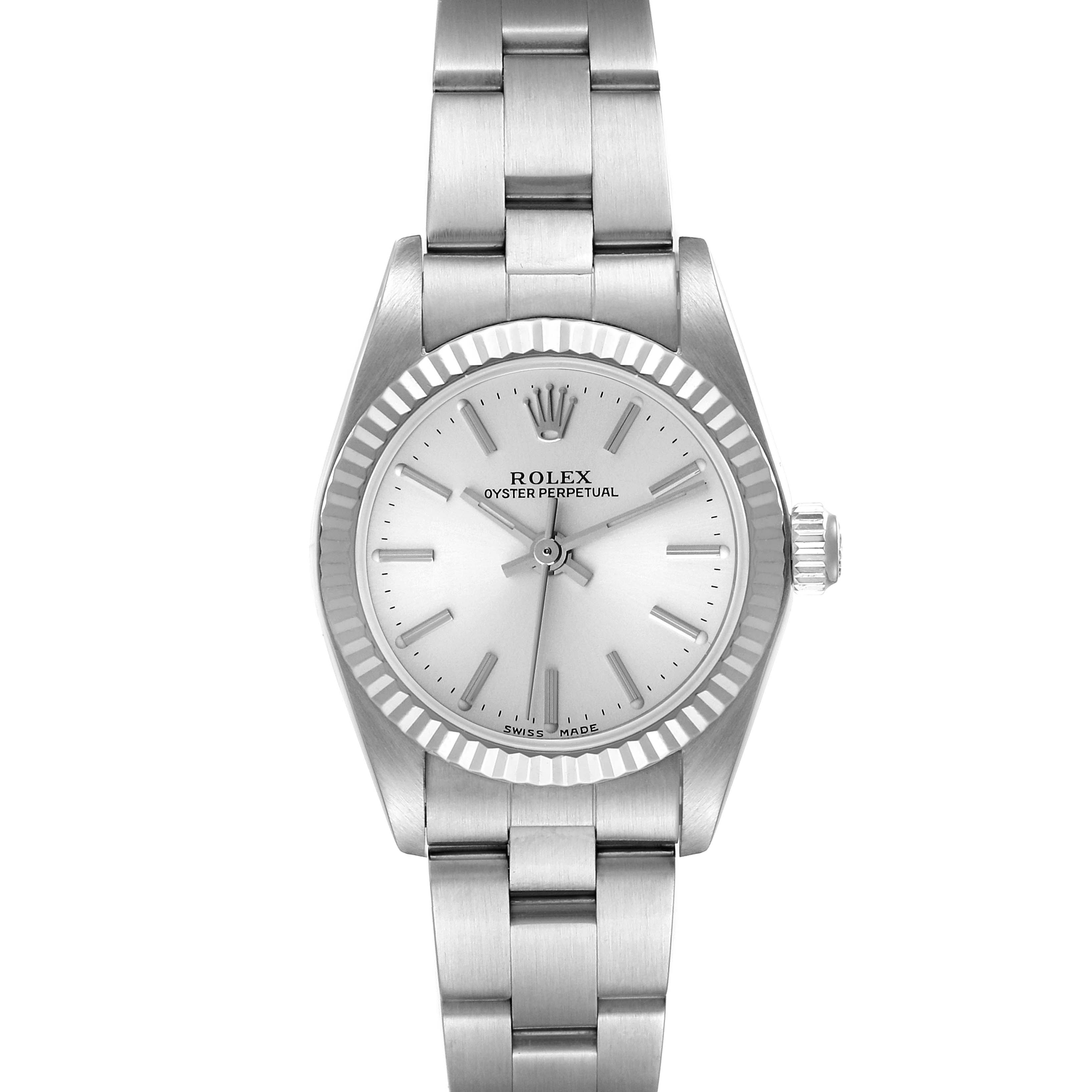The image shows a front view of a Rolex Oyster Perpetual 76094 Women
s Stainless Steel Silver Dial 76094 Women
s Stainless Steel Silver Dial watch, highlighting the face, hands, bezel, and bracelet.