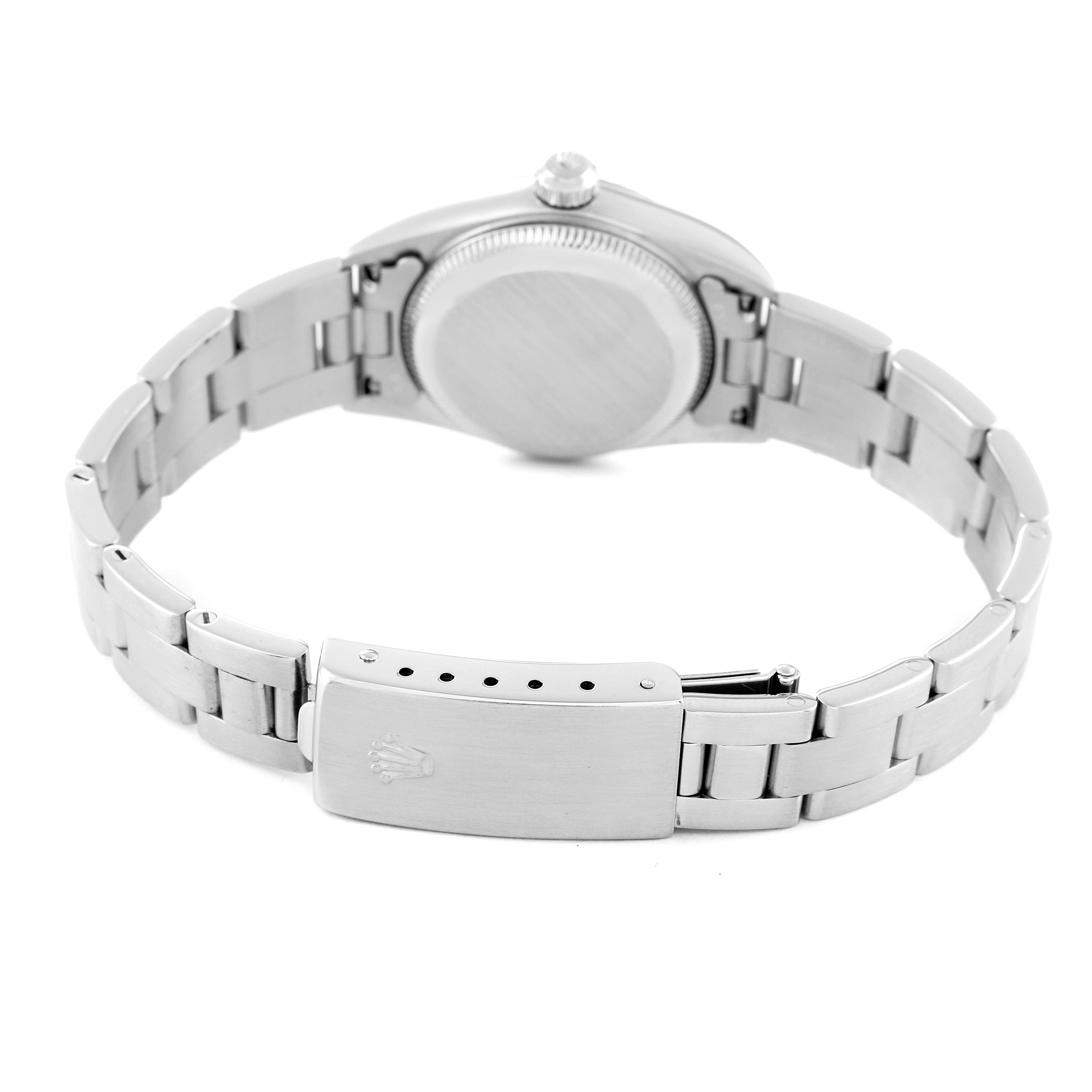 The image shows the back view of a Rolex Oyster Perpetual 76094 Women
s Stainless Steel Silver Dial 76094 Women
s Stainless Steel Silver Dial watch displaying the case back and bracelet clasp.