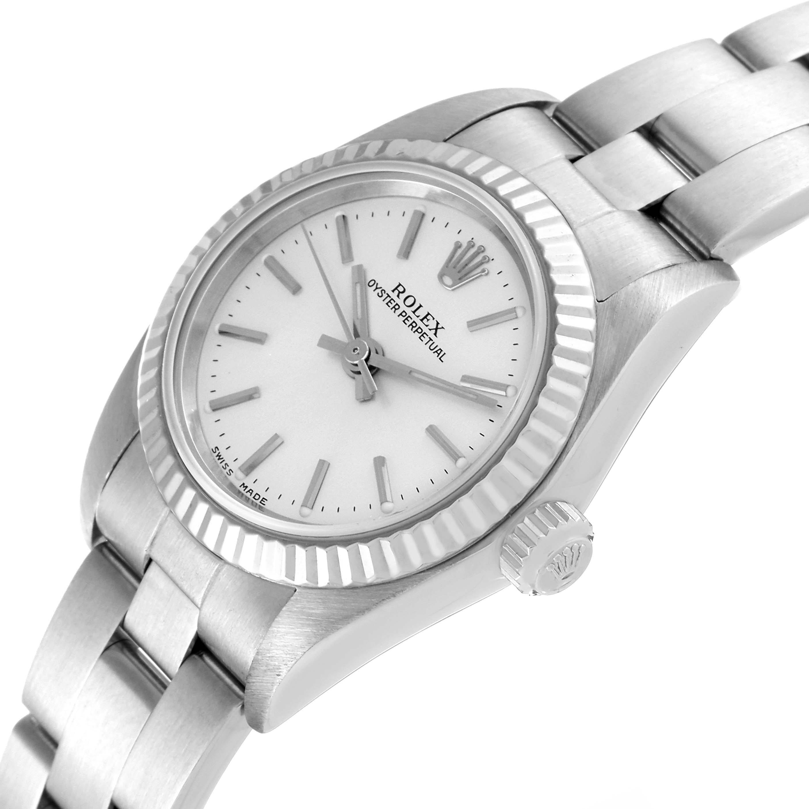 This image shows a close-up, angled view of a Rolex Oyster Perpetual 76094 Women
s Stainless Steel Silver Dial 76094 Women
s Stainless Steel Silver Dial watch, highlighting the face, bezel, crown, and part of the bracelet.