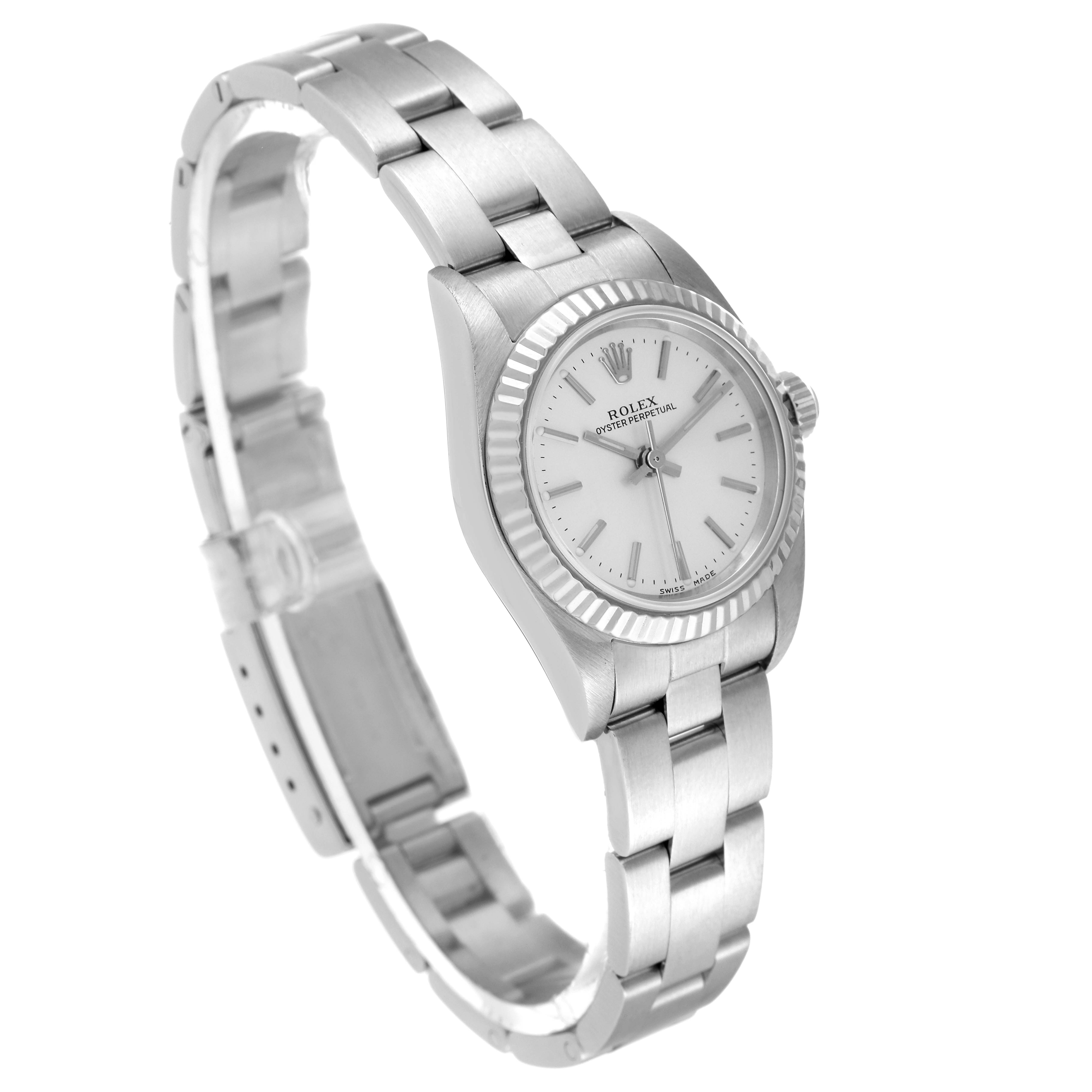 The image shows a Rolex Oyster Perpetual 76094 Women
s Stainless Steel Silver Dial 76094 Women
s Stainless Steel Silver Dial watch angled slightly from the front, displaying the bracelet, case, and dial.