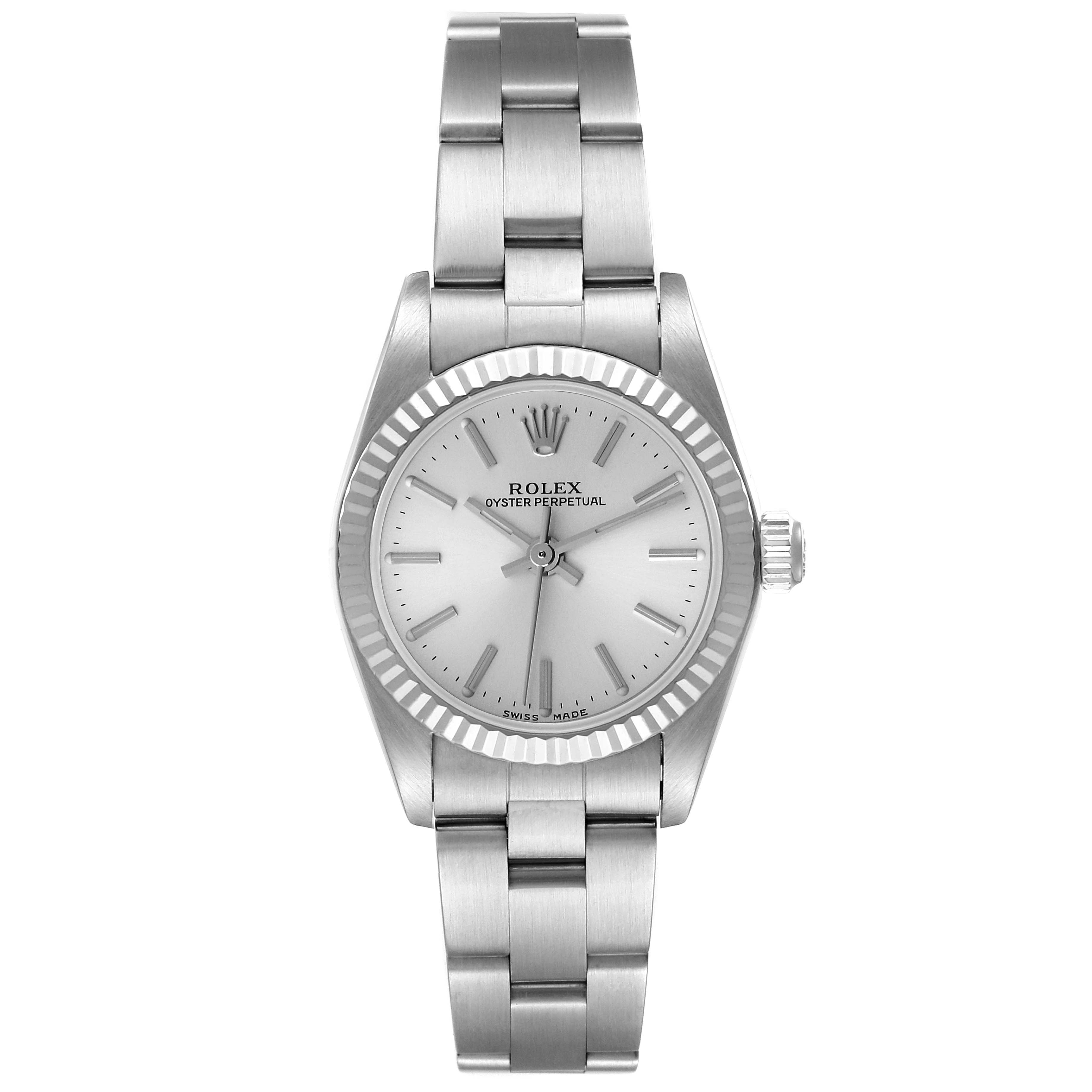 This image shows a front view of the Rolex Oyster Perpetual 76094 Women
s Stainless Steel Silver Dial 76094 Women
s Stainless Steel Silver Dial watch, displaying the face and bracelet.