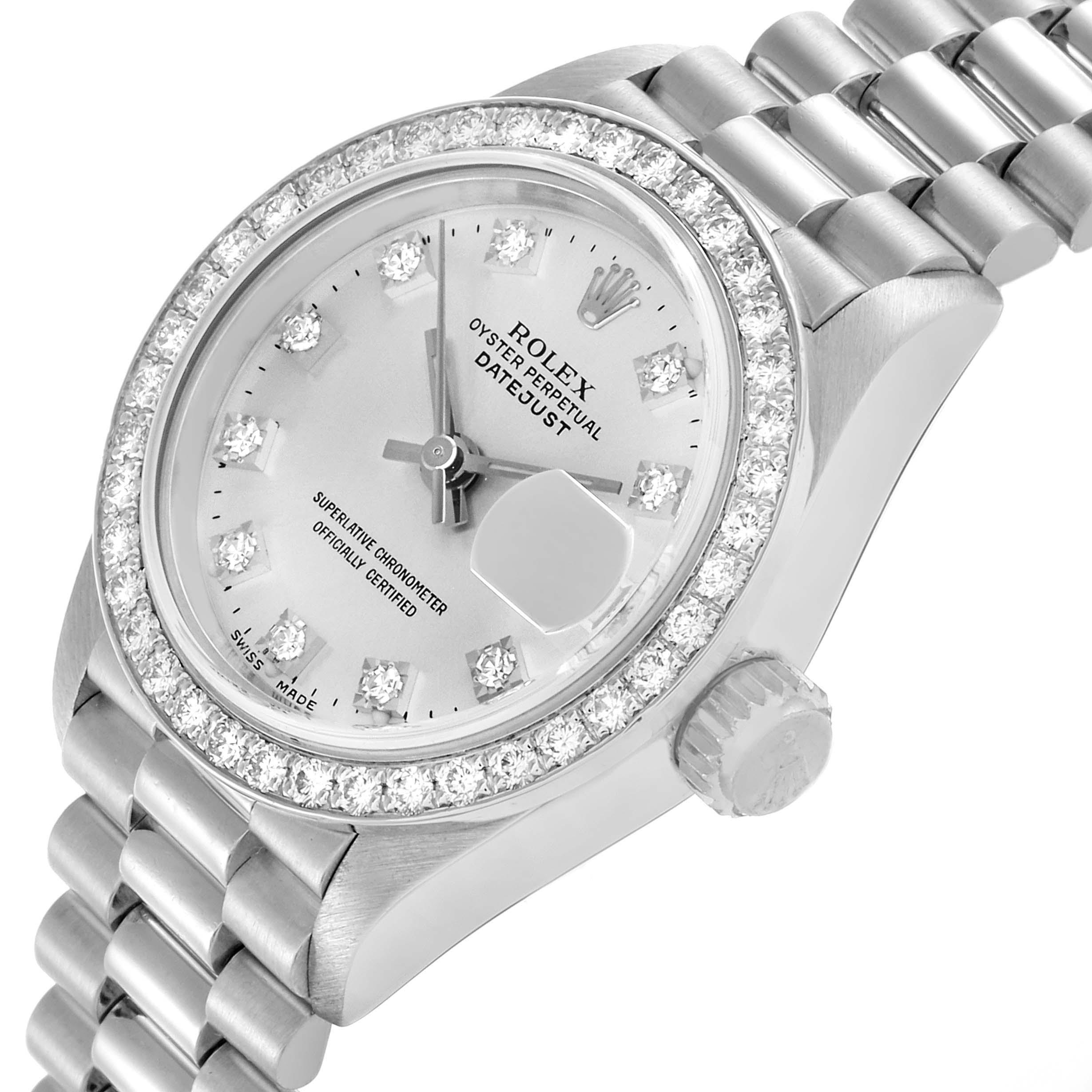 The Rolex President 69136 Women's Platinum Silver Dial 69136 Women's Platinum Silver Dial model watch is shown at an oblique angle, highlighting the diamond bezel, face, and bracelet.