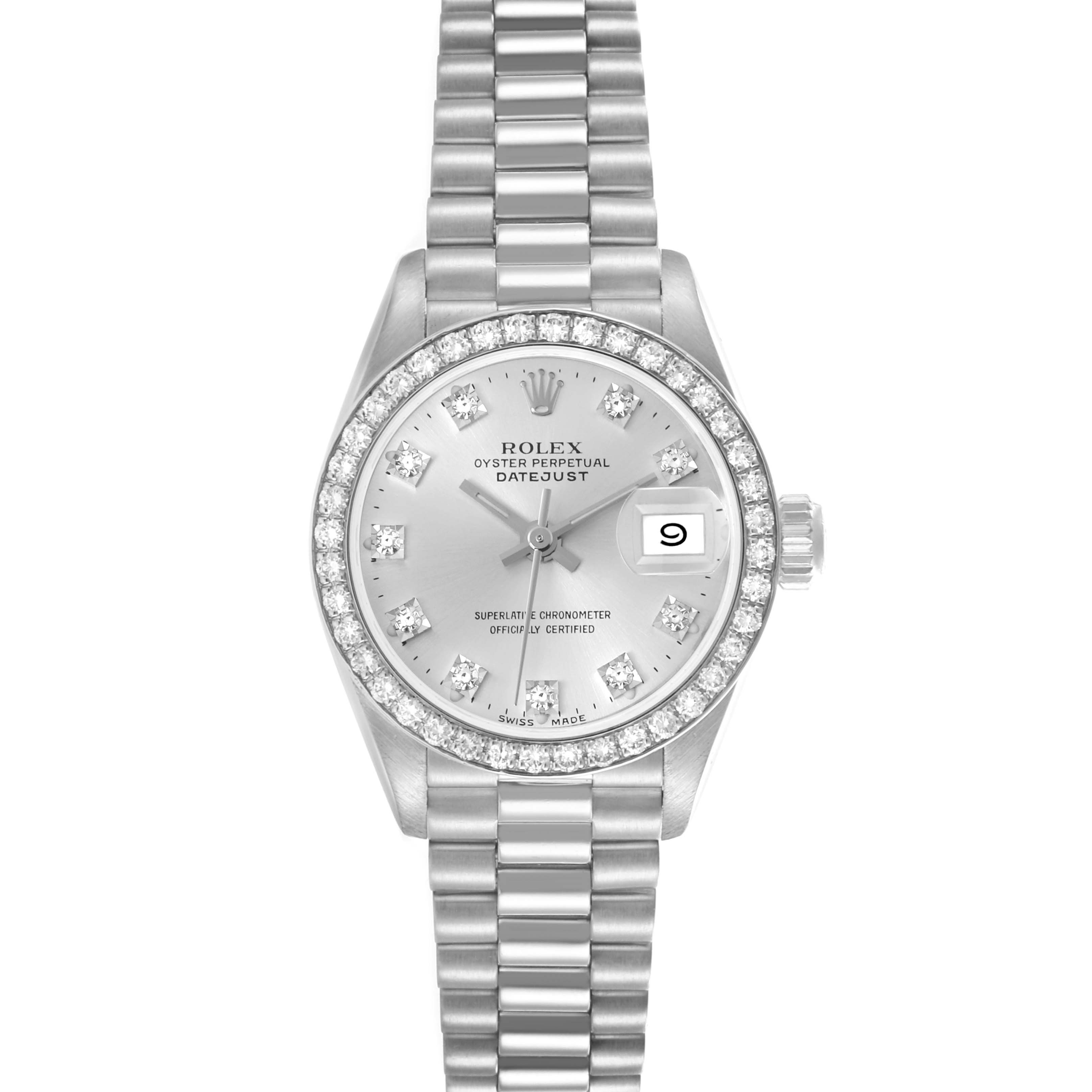 The Rolex President 69136 Women's Platinum Silver Dial 69136 Women's Platinum Silver Dial model watch is shown from a top view, displaying its bezel, dial, hands, date window, and bracelet in full.