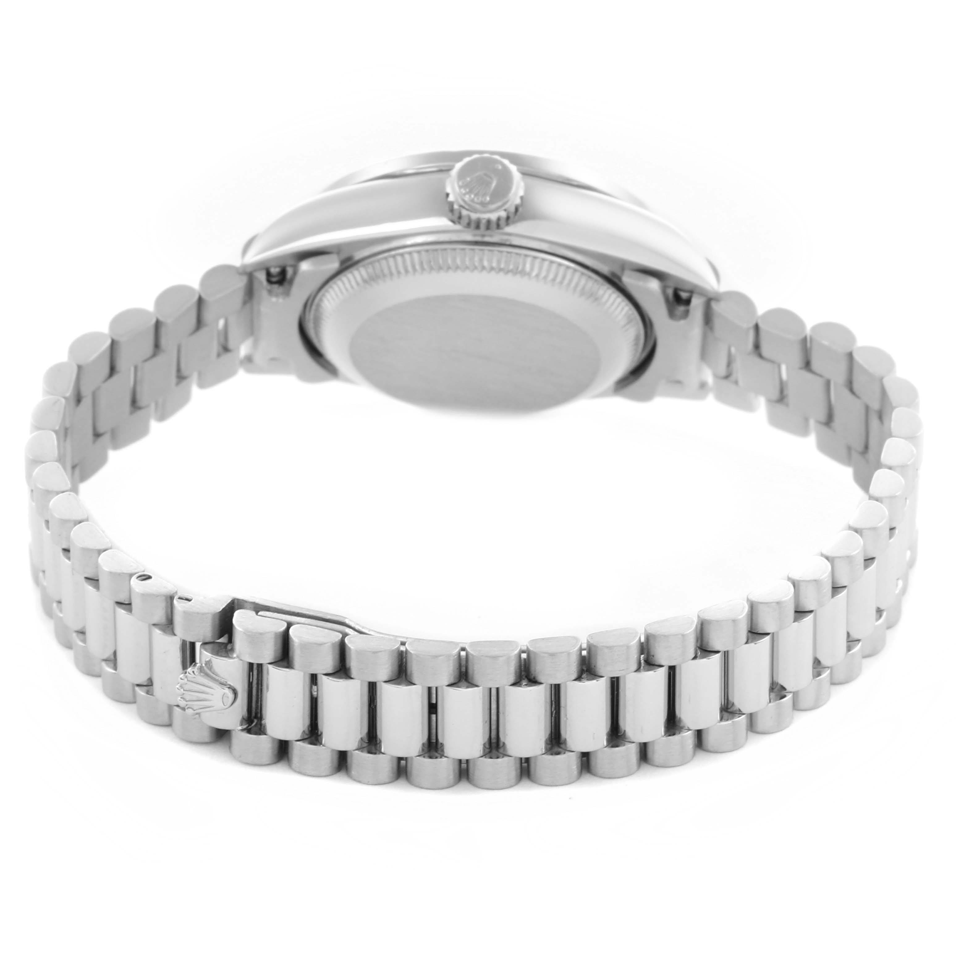 The image shows the back and sides of a Rolex President 69136 Women's Platinum Silver Dial 69136 Women's Platinum Silver Dial watch, highlighting the clasp and bracelet.