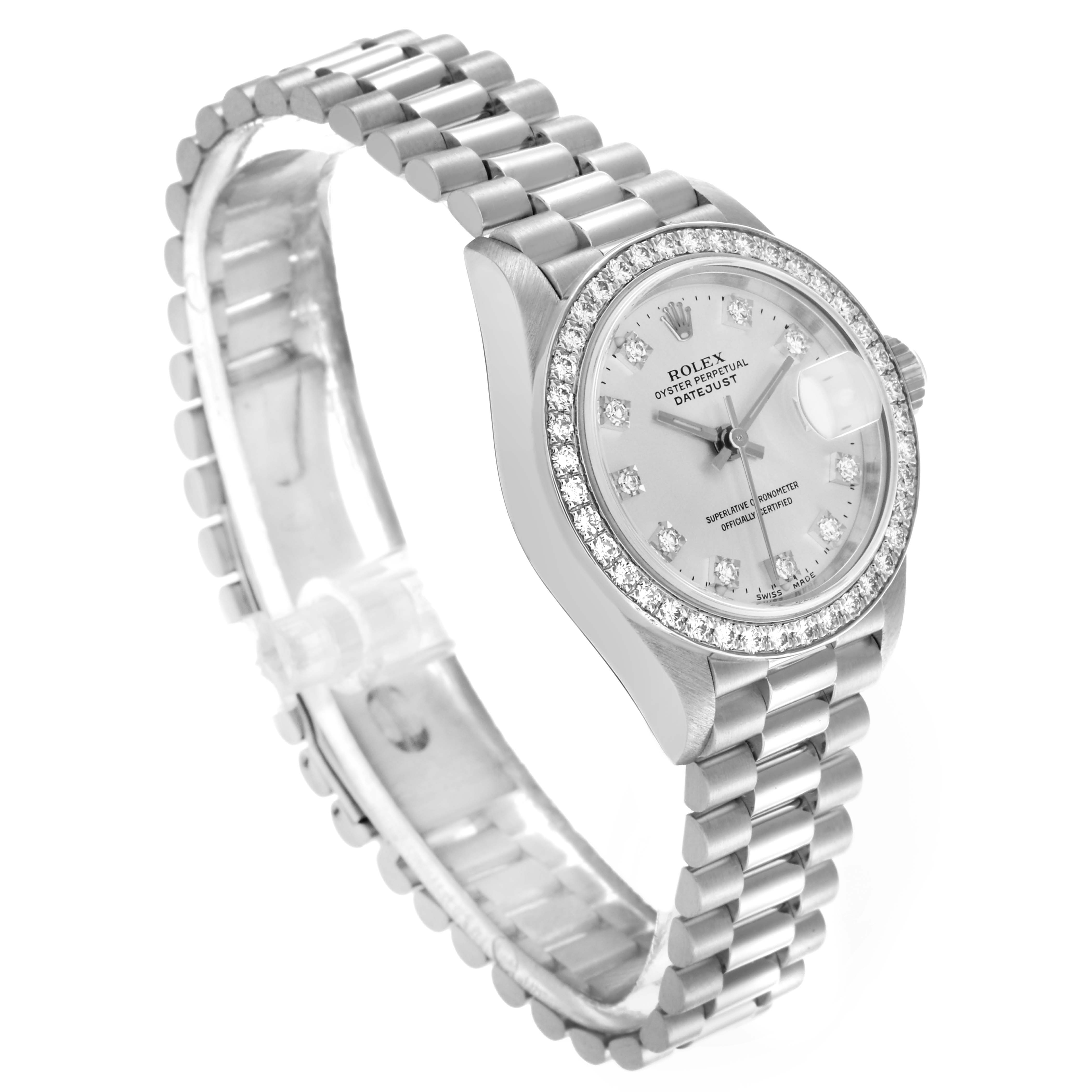 The Rolex President 69136 Women's Platinum Silver Dial 69136 Women's Platinum Silver Dial model watch is shown at a three-quarter angle, displaying the face, bracelet, and bezel.