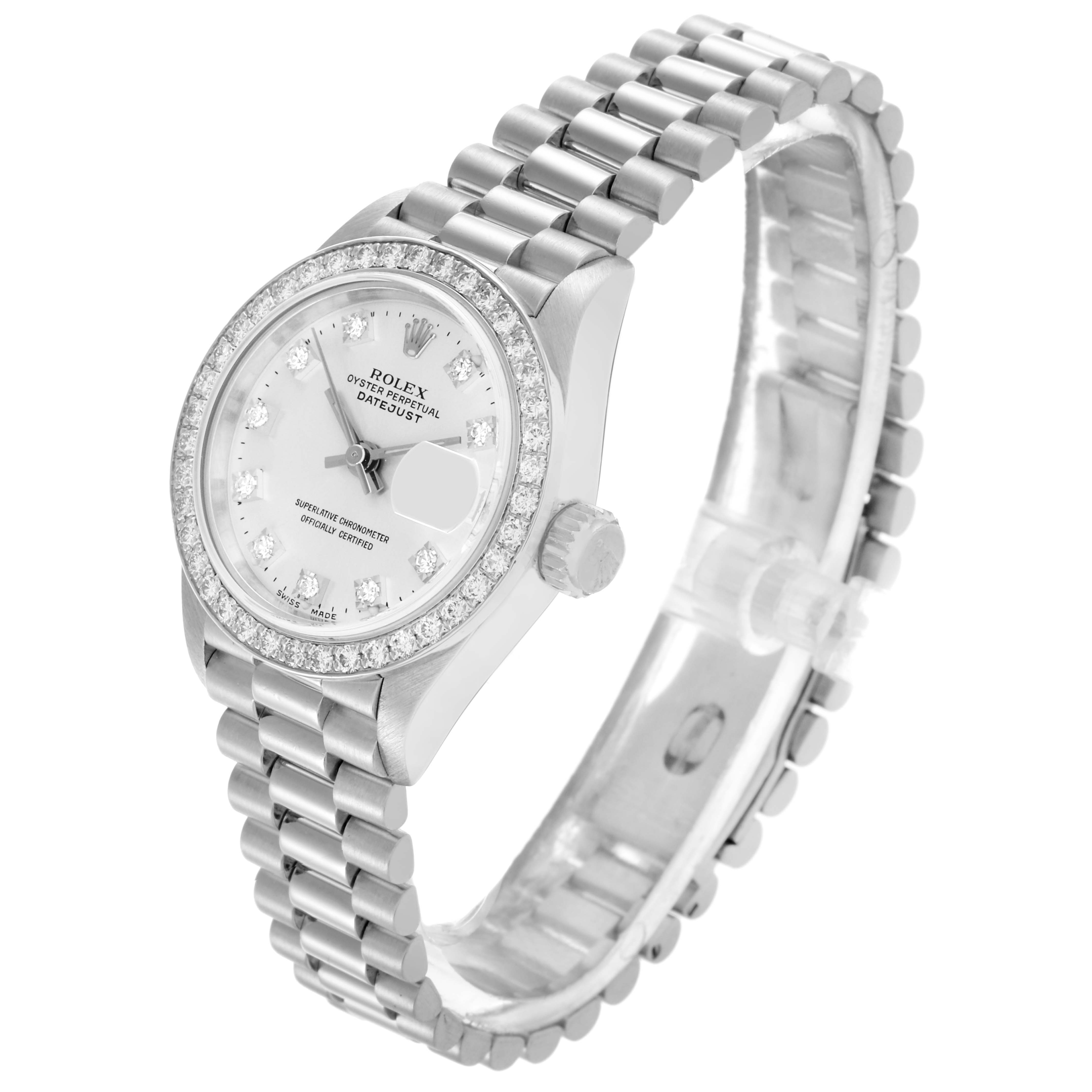 The Rolex President 69136 Women's Platinum Silver Dial 69136 Women's Platinum Silver Dial model watch is shown at a three-quarter angle, featuring the face, bezel, and bracelet prominently.