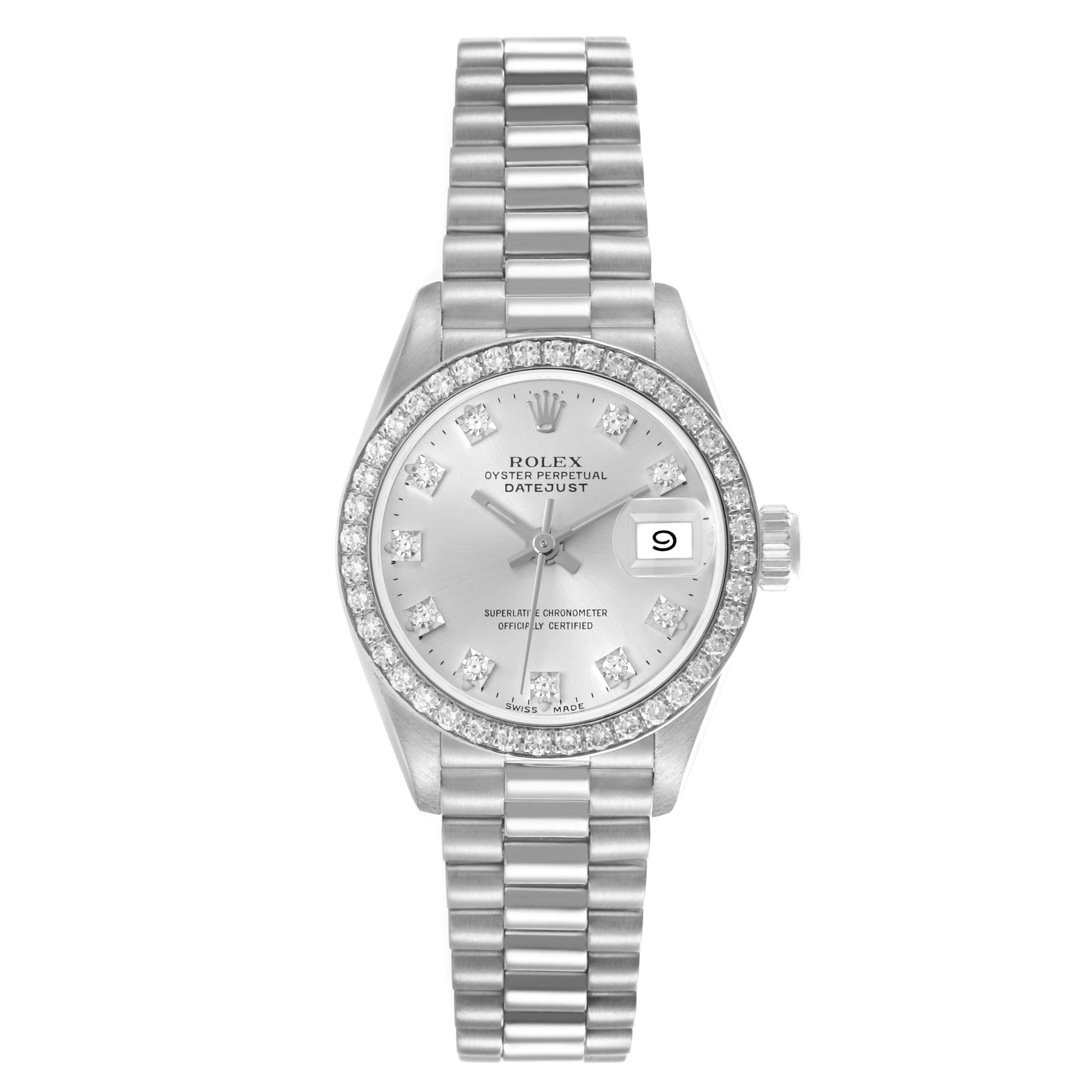 The Rolex President 69136 Women's Platinum Silver Dial 69136 Women's Platinum Silver Dial model watch is shown from the front, displaying its face, bracelet, and date feature.