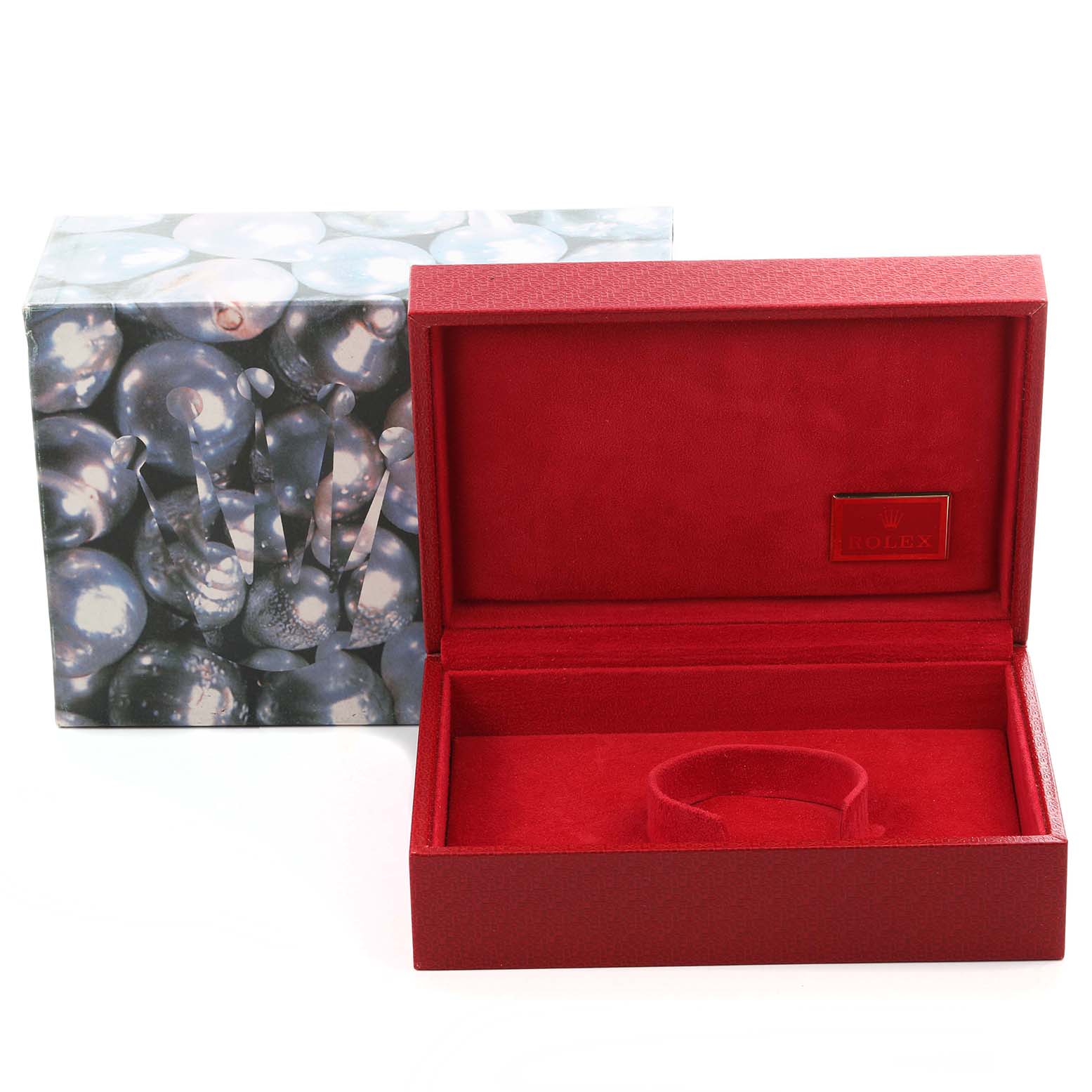 The image shows an open red Rolex watch box and decorative outer box for the Rolex President 69136 Women's Platinum Silver Dial 69136 Women's Platinum Silver Dial model.