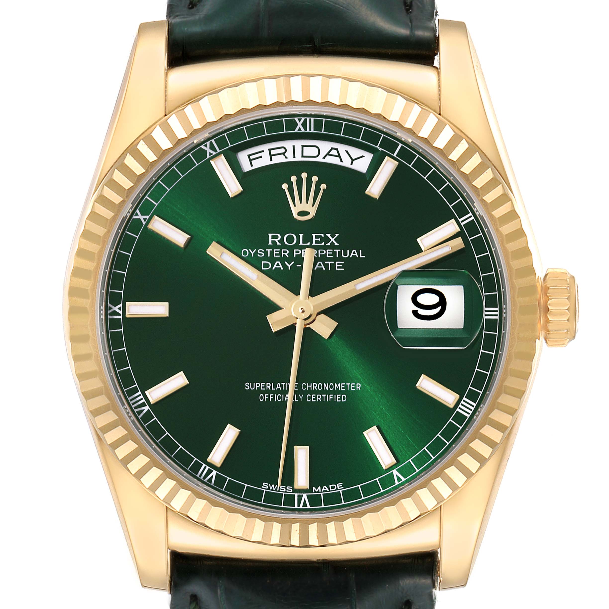 This image shows a front view of a Rolex President 118138 Men's Yellow Gold Green Dial 118138 Men's Yellow Gold Green Dial model watch, displaying the dial, hands, and day-date indicators.